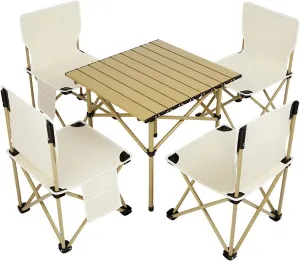 5 Pcs Camping Chair Set with Table, Outdoor Folding Heavy Duty Lawn Chair, Portable Chair Perfect for Family Hiking, Picnics and Beach,Yellow