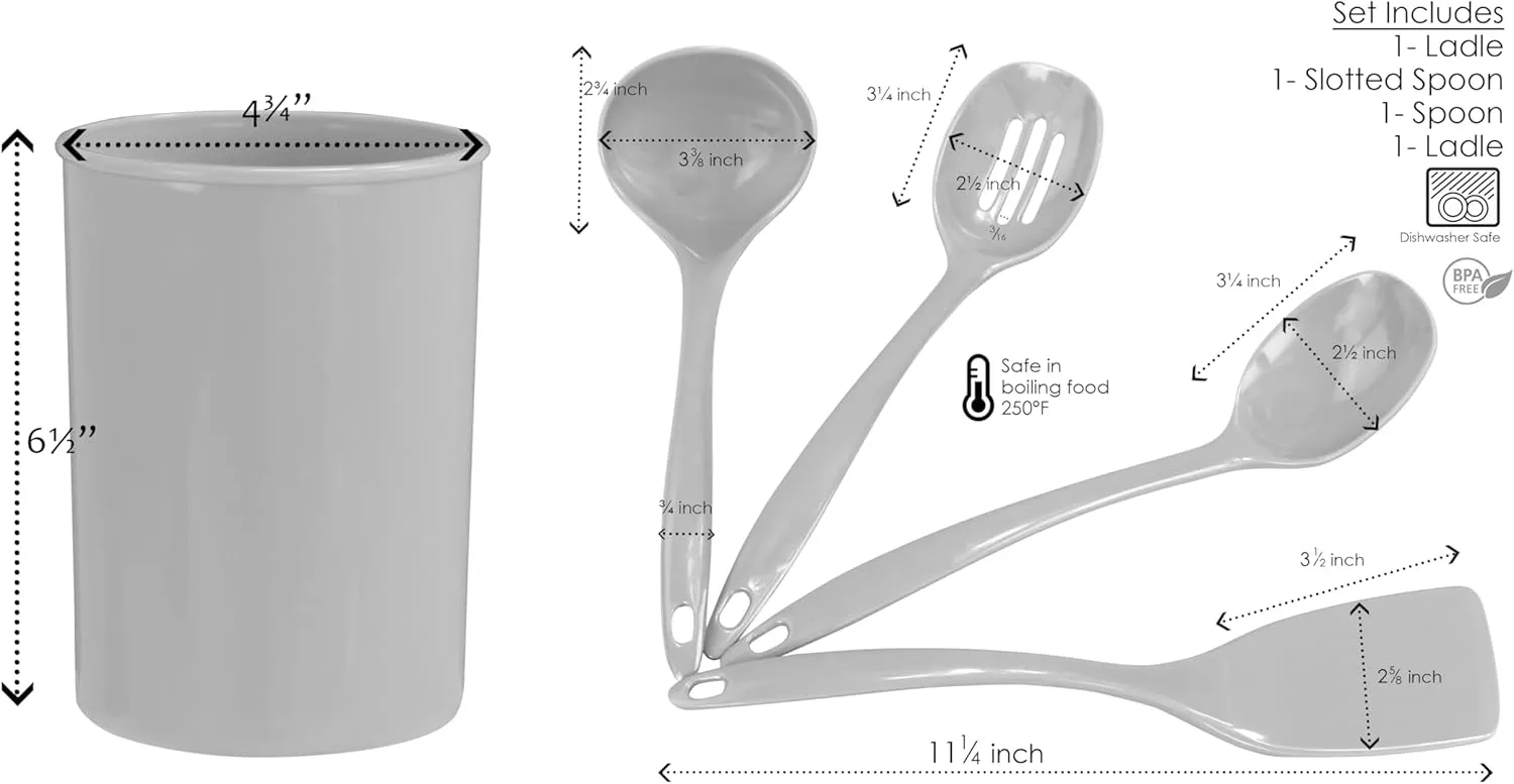 5 Piece Kitchen Utensil Holder for kitchen counter, Utensils crock with Heat Resistant Spoon, Slotted Spoon, Ladle, Spatula BPA Free, by Reston Lloyd, Lime