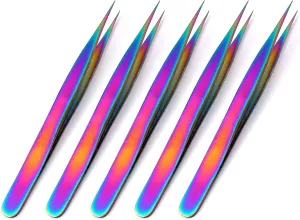 5 Pieces Stainless Steel Multi Rainbow Color 3d Eyelash Extension Tweezers Straight Fine Point Jewelry-making, Laboratory Work by G.S Online Store