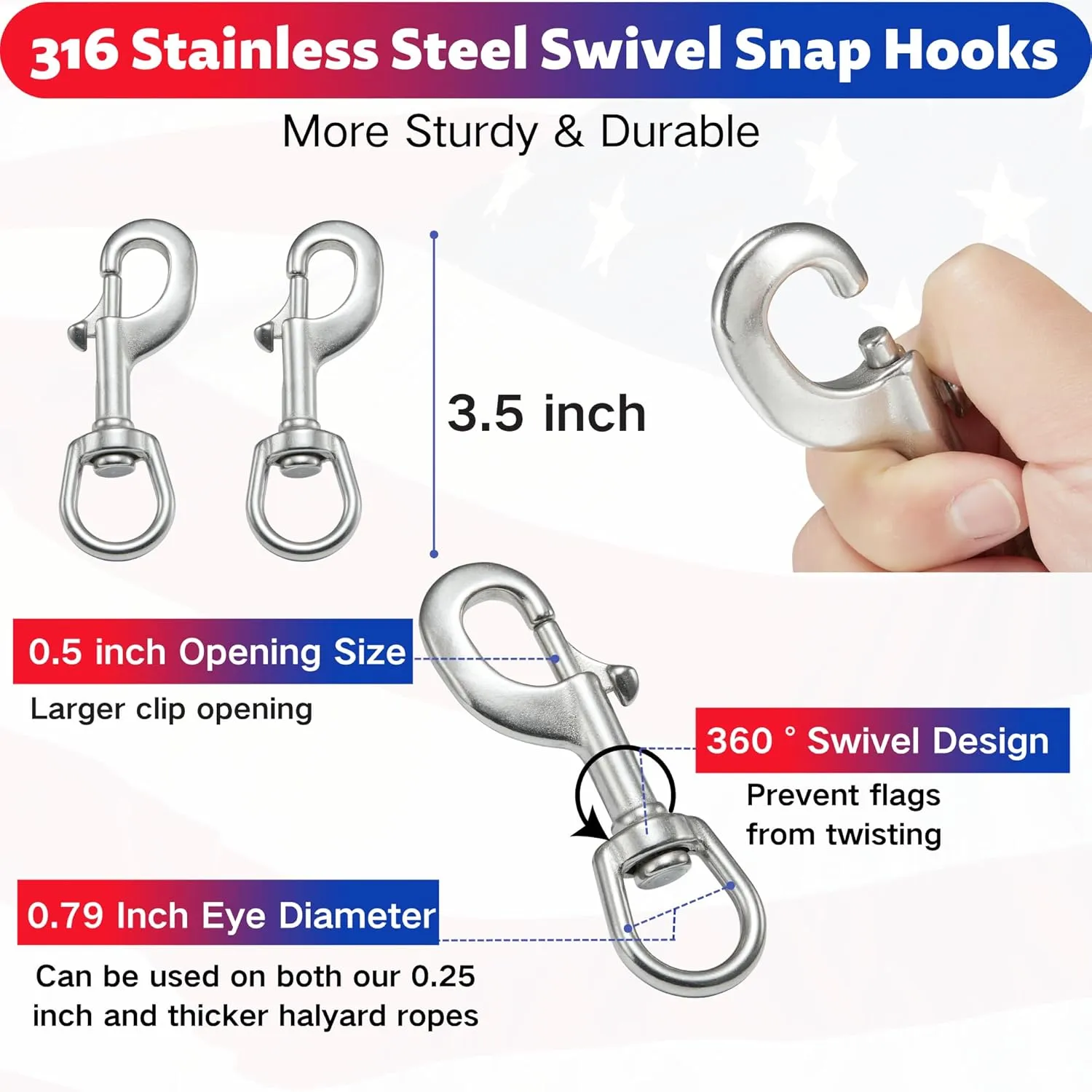 50Ft Flag pole Rope Kit, Polyester Halyard Flag Rope with 2 Pcs 3.5” Stainless Steel Swivel Snap Hook & Adjust Length Flag Pole Retainer Ring, Marine Grade Flag Pole Accessories Replacement Kit