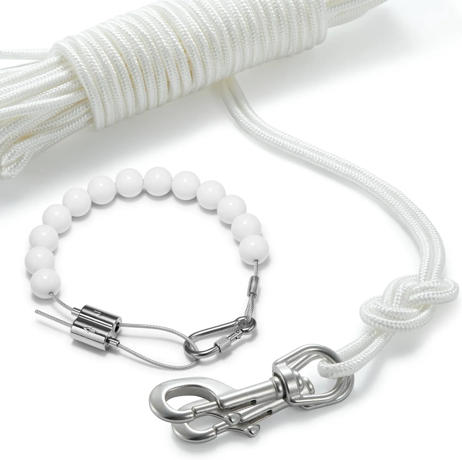 50Ft Flag pole Rope Kit, Polyester Halyard Flag Rope with 2 Pcs 3.5” Stainless Steel Swivel Snap Hook & Adjust Length Flag Pole Retainer Ring, Marine Grade Flag Pole Accessories Replacement Kit