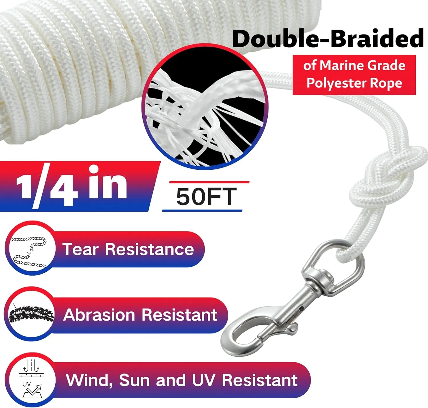 50Ft Flag pole Rope Kit, Polyester Halyard Flag Rope with 2 Pcs 3.5” Stainless Steel Swivel Snap Hook & Adjust Length Flag Pole Retainer Ring, Marine Grade Flag Pole Accessories Replacement Kit