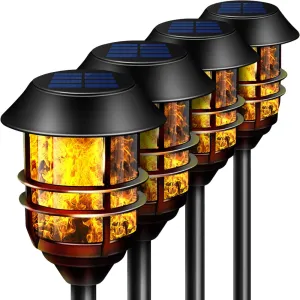55" Tall Solar Torches Lights 4 Pack with Flicking Flame 100% Metal LED Solar Light Outdoor Dancing Stainless Steel Walkway Lighting for Garden Patio Yard Decor Waterproof Pool Path Effect Light