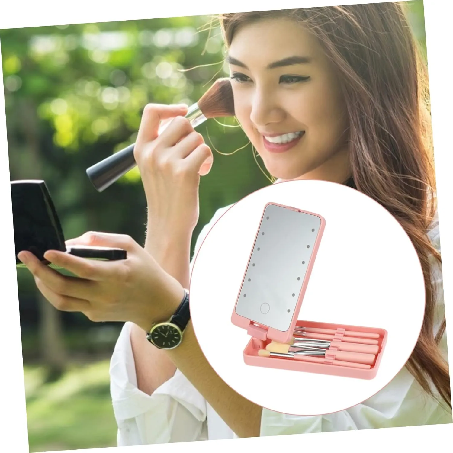 5pcs Led Folding Makeup Mirror with Brush Portable Vanity Mirror for Travel Compact Design for Women and Girls High Definition Reflection for Makeup Application