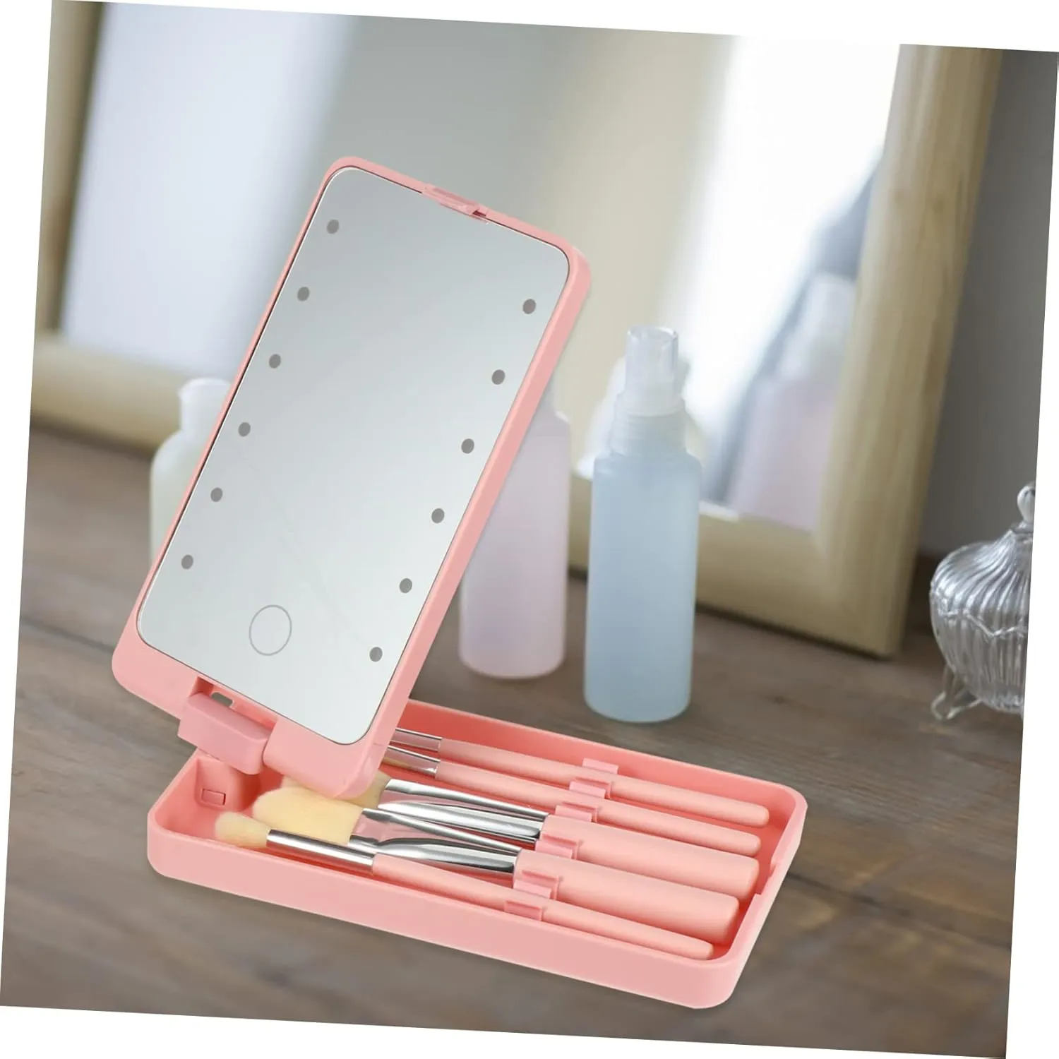 5pcs Led Folding Makeup Mirror with Brush Portable Vanity Mirror for Travel Compact Design for Women and Girls High Definition Reflection for Makeup Application