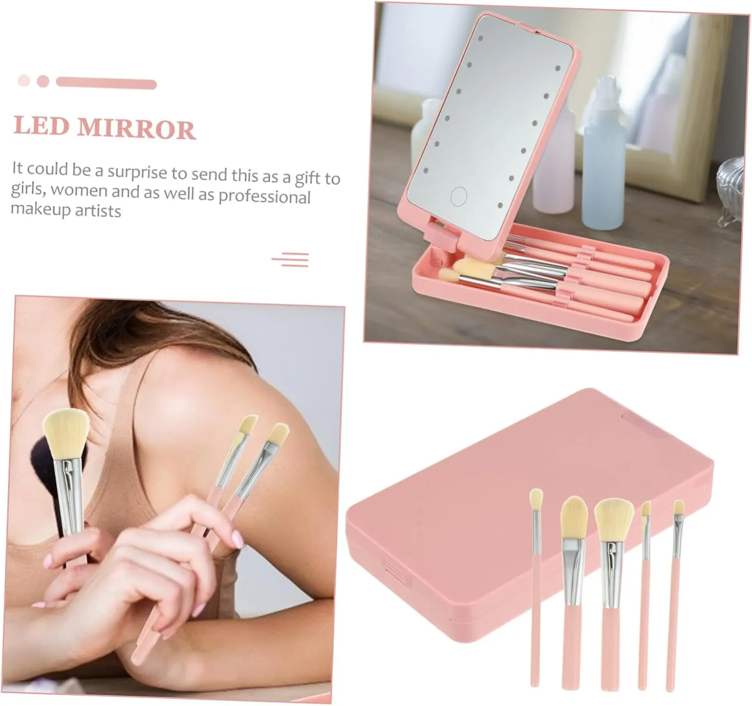 5pcs Led Folding Makeup Mirror with Brush Portable Vanity Mirror for Travel Compact Design for Women and Girls High Definition Reflection for Makeup Application