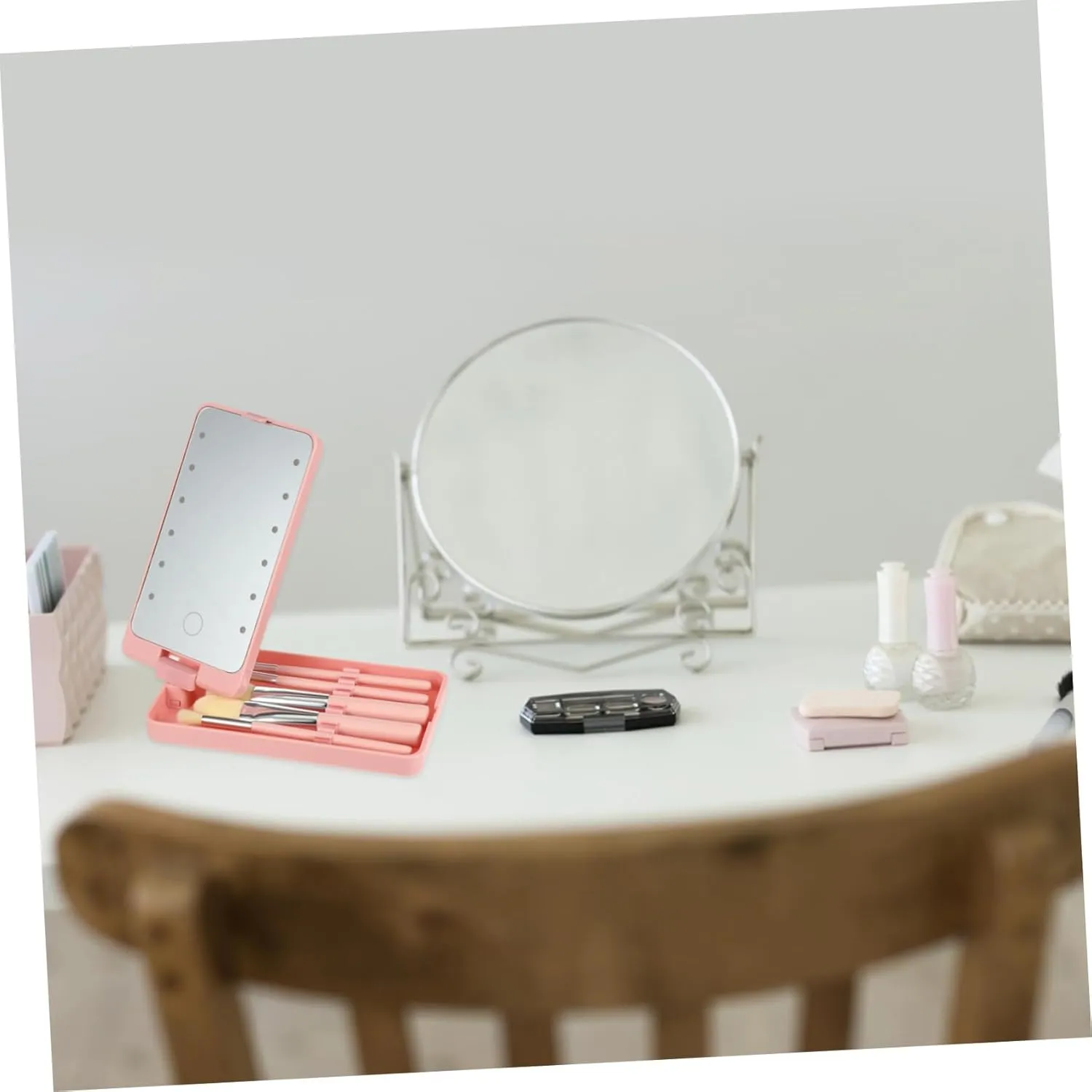 5pcs Led Folding Makeup Mirror with Brush Portable Vanity Mirror for Travel Compact Design for Women and Girls High Definition Reflection for Makeup Application