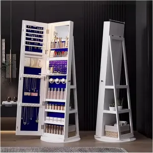 63 Inch Mirror With Storage, High Mirrored Jewelry Cabinet Rotating Three-Light LED Mirror Switch Lockable Mirror Cabinet with Storage Function