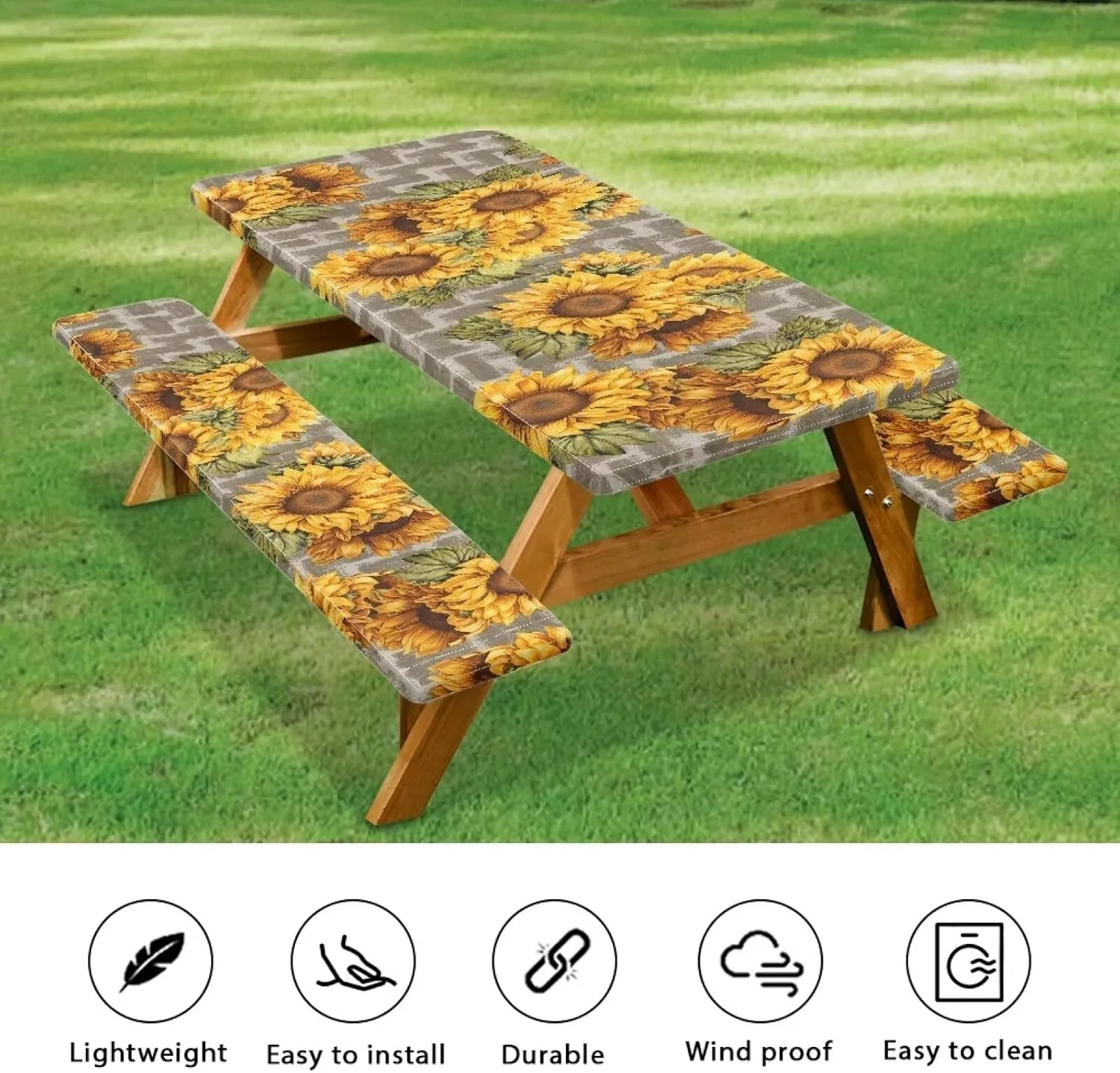6ft Fitted Picnic Table Cover with Bench Covers Small Outdoor Camping Picnic Tablecloth with Elastic Edges Camping Gear Waterproof Stain Resistant Reusable Sunflower Aztec