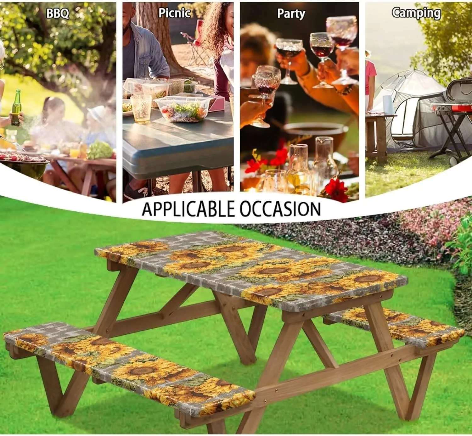 6ft Fitted Picnic Table Cover with Bench Covers Small Outdoor Camping Picnic Tablecloth with Elastic Edges Camping Gear Waterproof Stain Resistant Reusable Sunflower Aztec