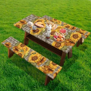 6ft Fitted Picnic Table Cover with Bench Covers Small Outdoor Camping Picnic Tablecloth with Elastic Edges Camping Gear Waterproof Stain Resistant Reusable Sunflower Aztec