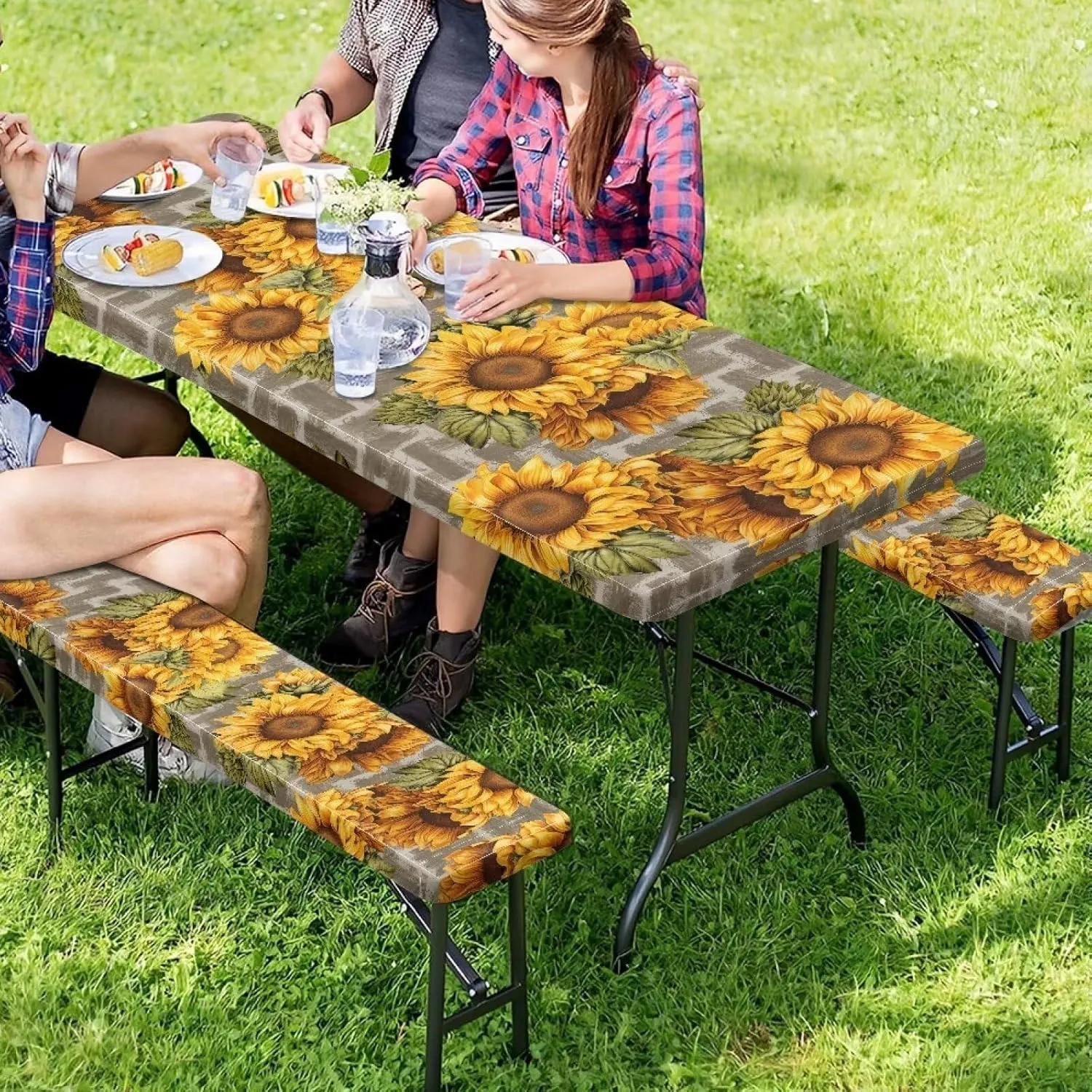 6ft Fitted Picnic Table Cover with Bench Covers Small Outdoor Camping Picnic Tablecloth with Elastic Edges Camping Gear Waterproof Stain Resistant Reusable Sunflower Aztec