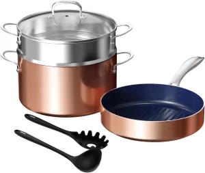 6pc Kitchen Cookware Set Nonstick, Pots and Pans Cookware Set, Durable Construction, Even Heat Distribution, Dishwasher & Oven Safe, Induction Ready, Tempered Glass Lids & Stay-Cool Handles