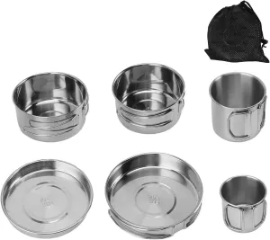 6PCS 304 Stainless Steel Portable Cookware Set for Camping and Outdoor Activities, to, Efficient Heating, Multifunctional Tableware with Folding Pan, Cup and Storage