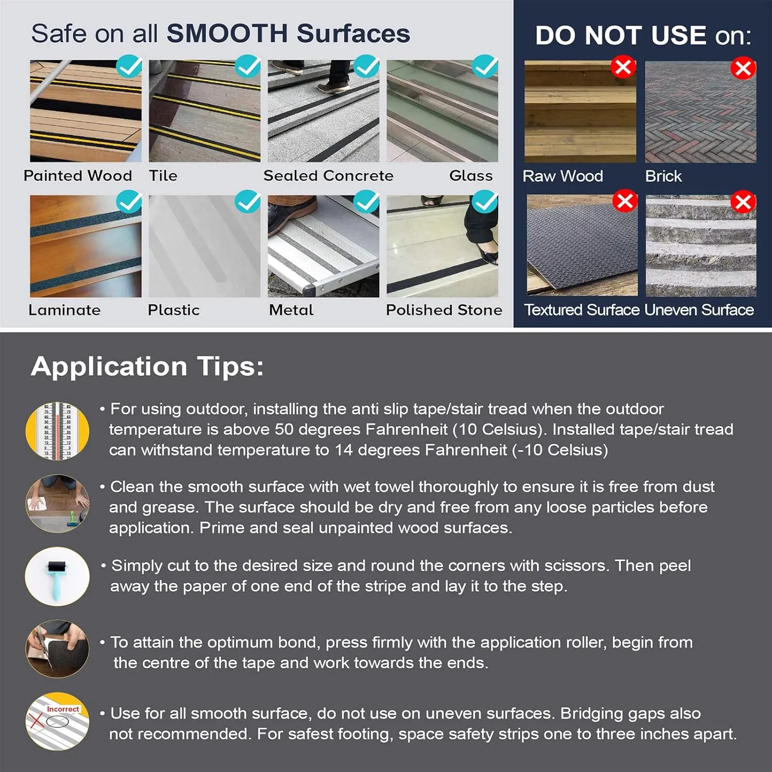 6" x 30" Anti Slip Traction Treads Tape with Roller (10-Pack), Pre-Cut Grip Tape for Stair Steps Outdoor, Waterproof Black Non Slip Stair Treads for Floor Safety, Easy to Install