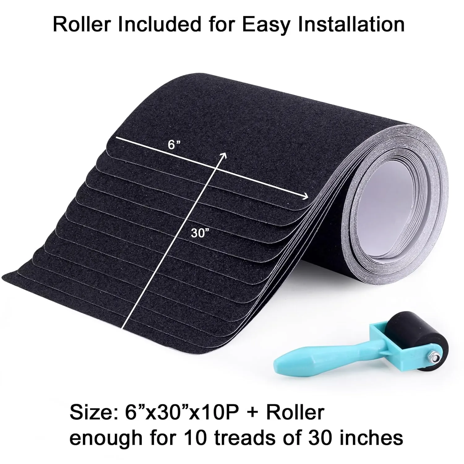 6" x 30" Anti Slip Traction Treads Tape with Roller (10-Pack), Pre-Cut Grip Tape for Stair Steps Outdoor, Waterproof Black Non Slip Stair Treads for Floor Safety, Easy to Install