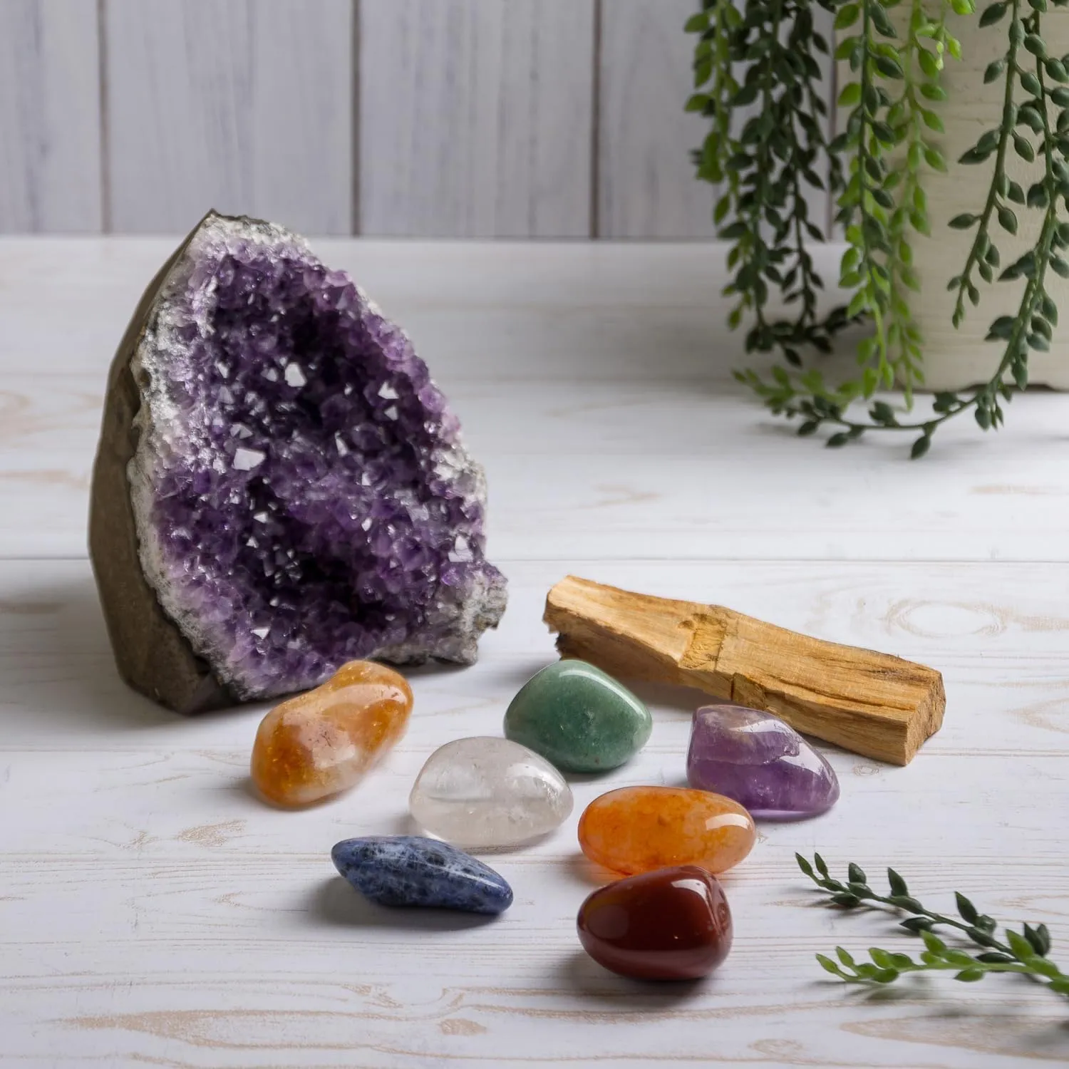7 Chakras XL Healing Crystals Set – 9PCS   96pg Gratitude Journal (Sodalite, Rock Crystal, Amethyst, Citrine, Carnelian, Red Jasper, Green Quartz), Palo Santo Stick, Fabric Bag