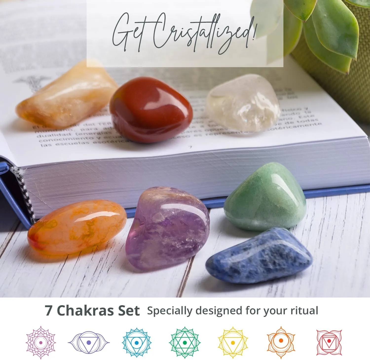7 Chakras XL Healing Crystals Set – 9PCS   96pg Gratitude Journal (Sodalite, Rock Crystal, Amethyst, Citrine, Carnelian, Red Jasper, Green Quartz), Palo Santo Stick, Fabric Bag