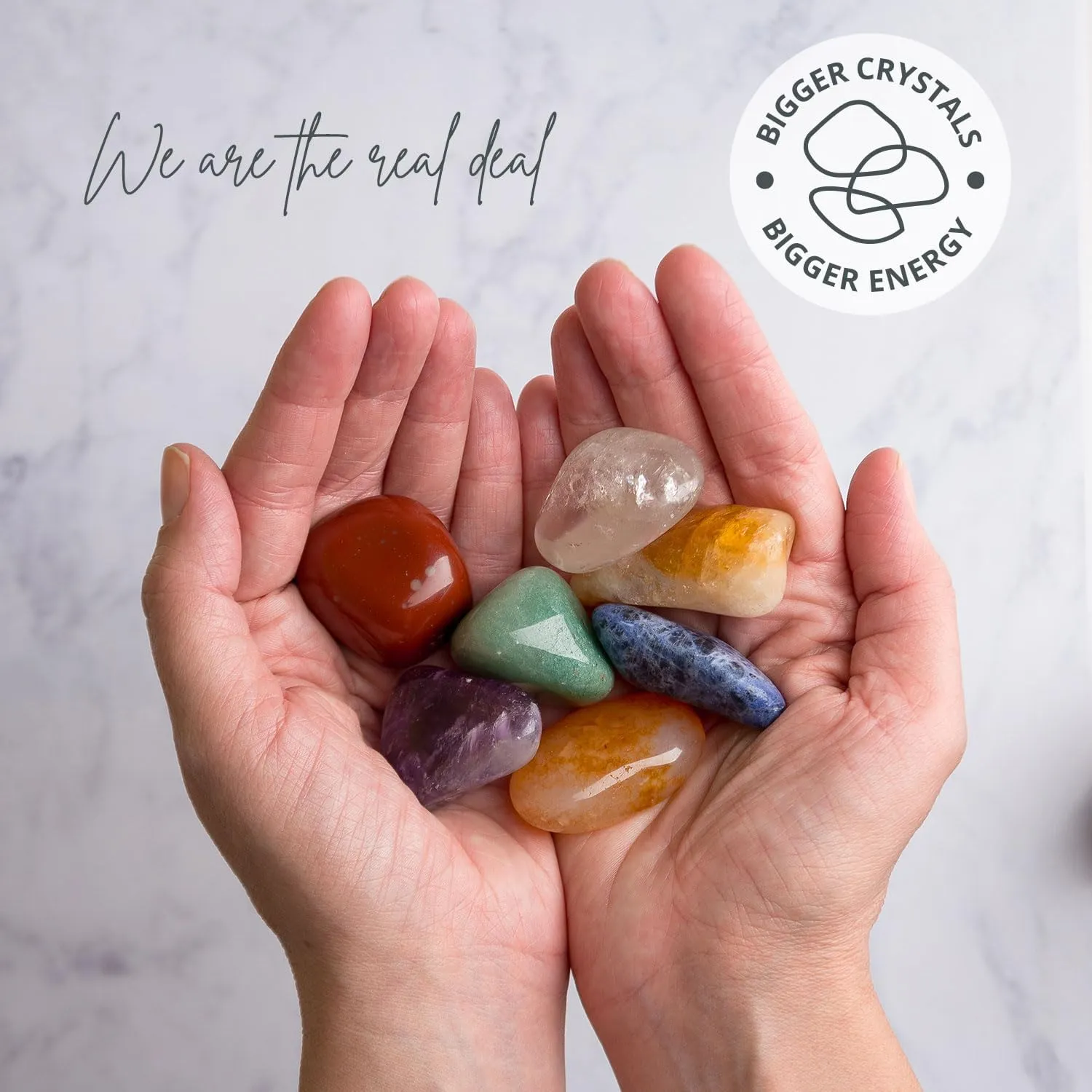 7 Chakras XL Healing Crystals Set – 9PCS   96pg Gratitude Journal (Sodalite, Rock Crystal, Amethyst, Citrine, Carnelian, Red Jasper, Green Quartz), Palo Santo Stick, Fabric Bag