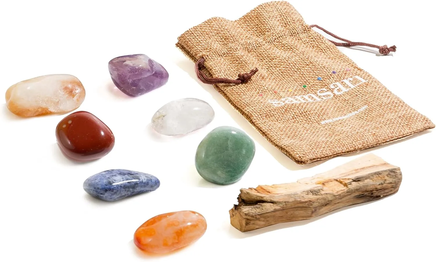 7 Chakras XL Healing Crystals Set – 9PCS   96pg Gratitude Journal (Sodalite, Rock Crystal, Amethyst, Citrine, Carnelian, Red Jasper, Green Quartz), Palo Santo Stick, Fabric Bag