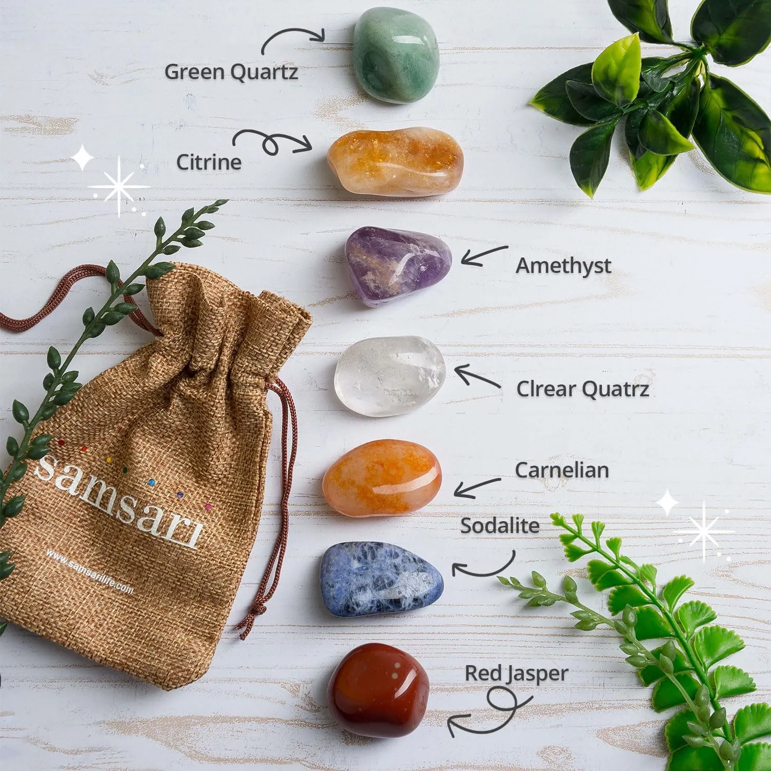 7 Chakras XL Healing Crystals Set – 9PCS   96pg Gratitude Journal (Sodalite, Rock Crystal, Amethyst, Citrine, Carnelian, Red Jasper, Green Quartz), Palo Santo Stick, Fabric Bag