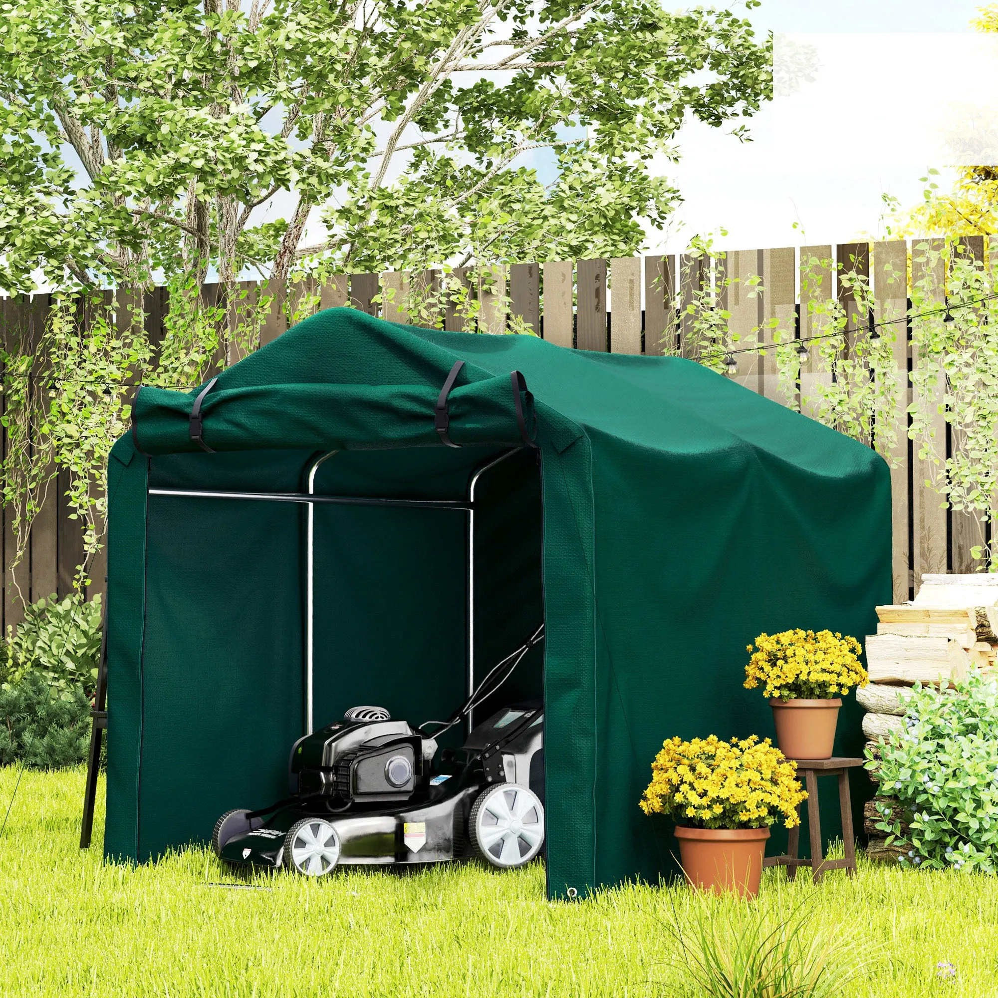 7' x 5' UV Resistant Garden Storage Tent with Roll-Up Zipper Door, Waterproof Bike Shelter, Dark Green