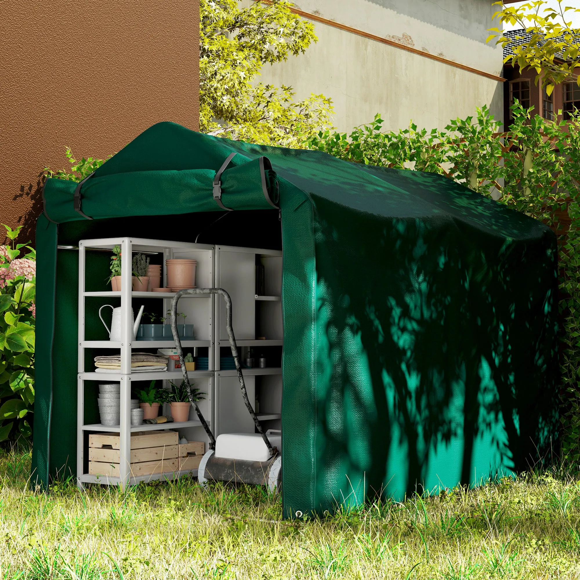 7' x 5' UV Resistant Garden Storage Tent with Roll-Up Zipper Door, Waterproof Bike Shelter, Dark Green