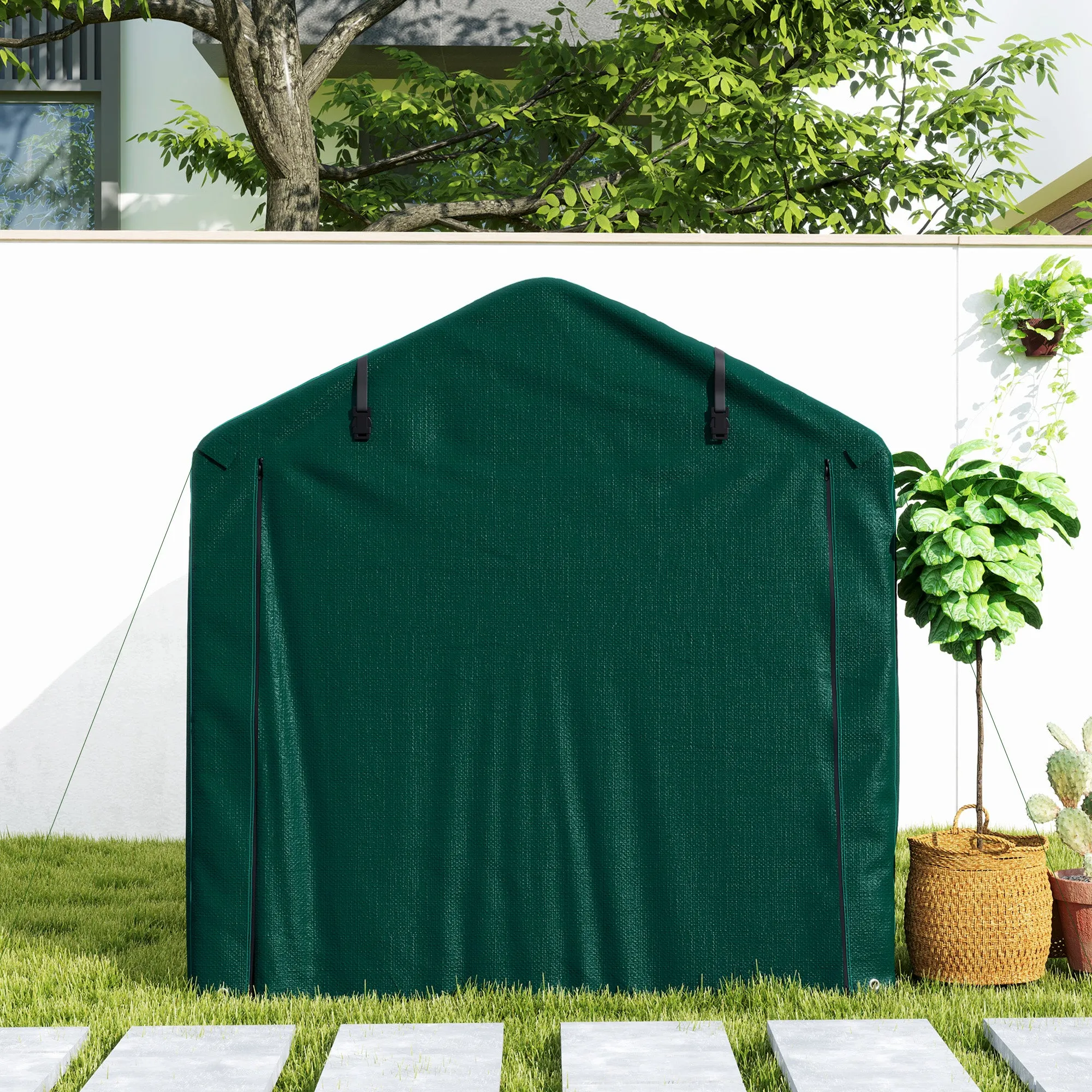 7' x 5' UV Resistant Garden Storage Tent with Roll-Up Zipper Door, Waterproof Bike Shelter, Dark Green