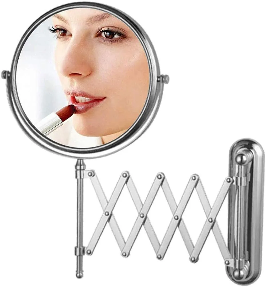8 Inches Double-Sided Wall Mount Scalable Mirror with 7X Magnification, Wall Mount Makeup Mirror with Scissor Bracket, Chrome Finish (8 inch,7X)