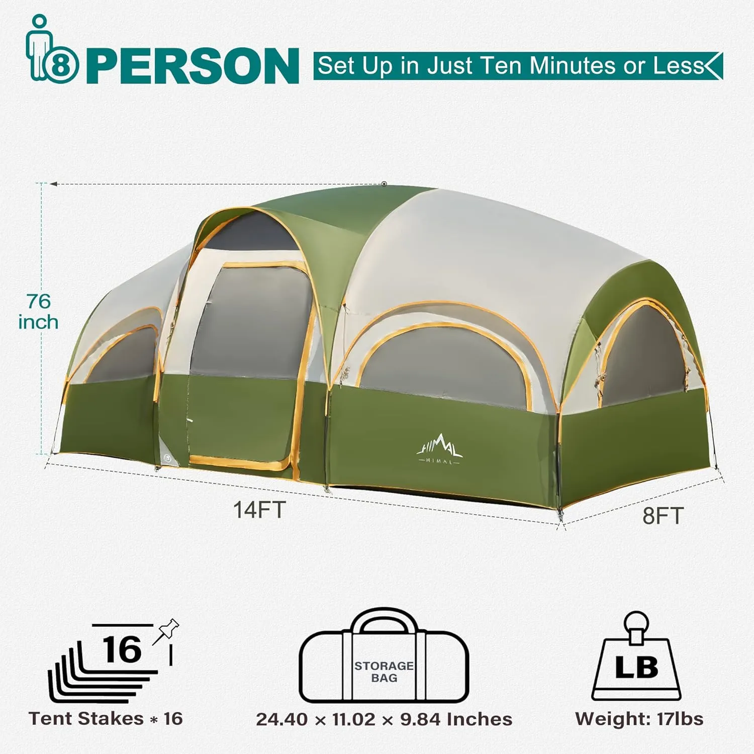 8 Person Tent for Camping, Waterproof Windproof Family Tent with Rainfly, Divided Curtain Design for Privacy Space, Portable with Carry Bag