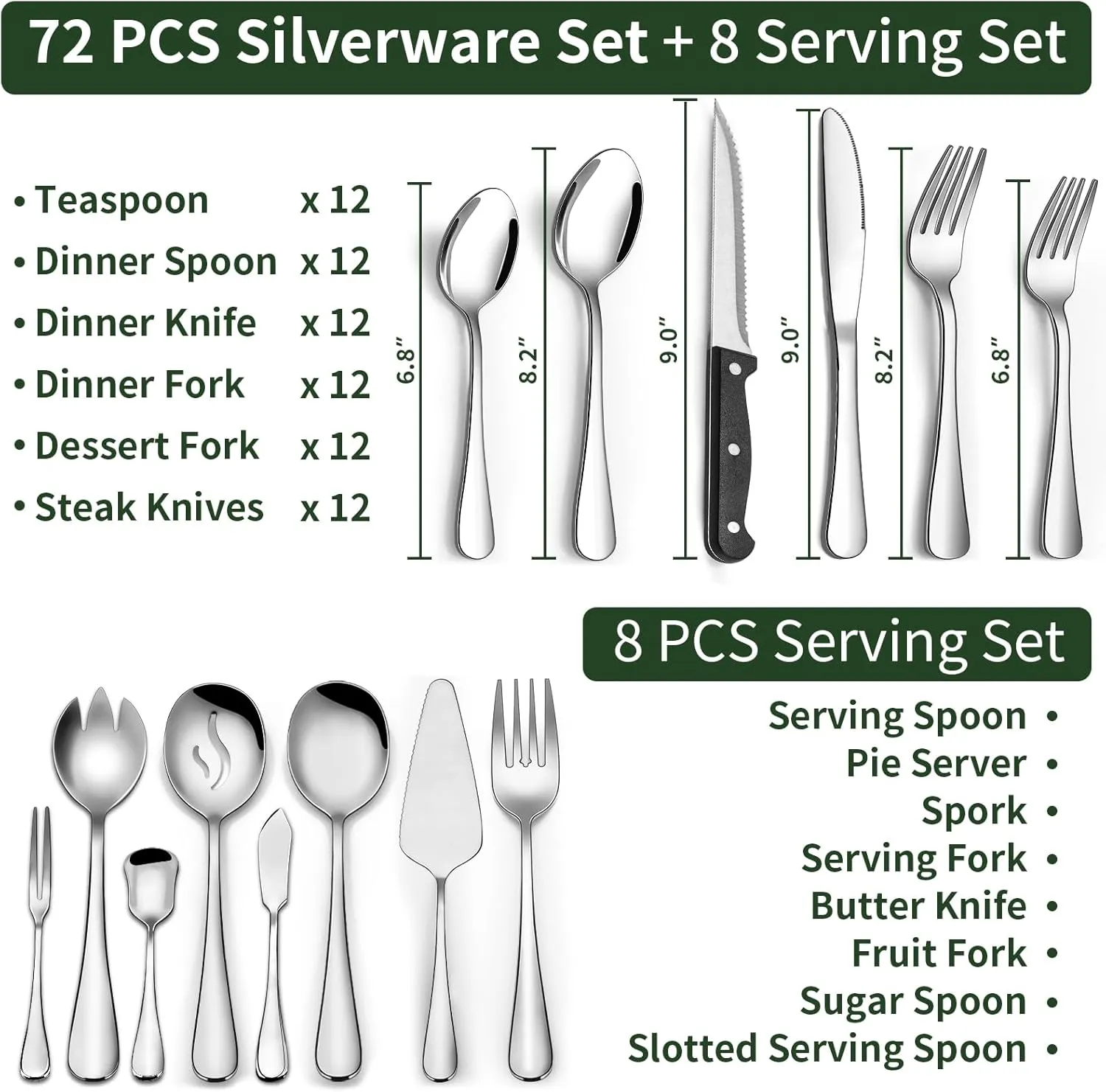 80 Pieces Silverware Set with Serving Utensils Set, CEKEE Stainless Steel Flatware Set for 12 with Steak Knives, Heavy Duty Cutlery Set, Kitchen Utensil Sets for Home Restaurant, Dishwasher Safe