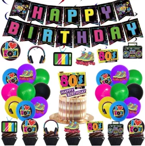 80s Birthday Party Decorations,Back to 80's Happy Birthday Banner Retro Party Hanging Swirls Hip Hop Ballons Cake Cupcake Topper for 1980s Theme Rock Hippie Neon Birthday Party Supplies