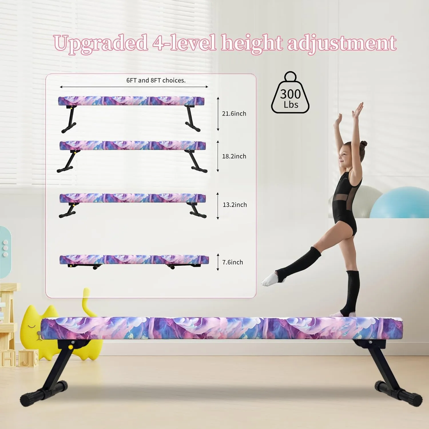 8FT Adjustable&Foldable Gymnastics Balance Beam,Home Gym Equipment,Easy Assembling and Storage,No Tool Require,for Kids Children Girls Training