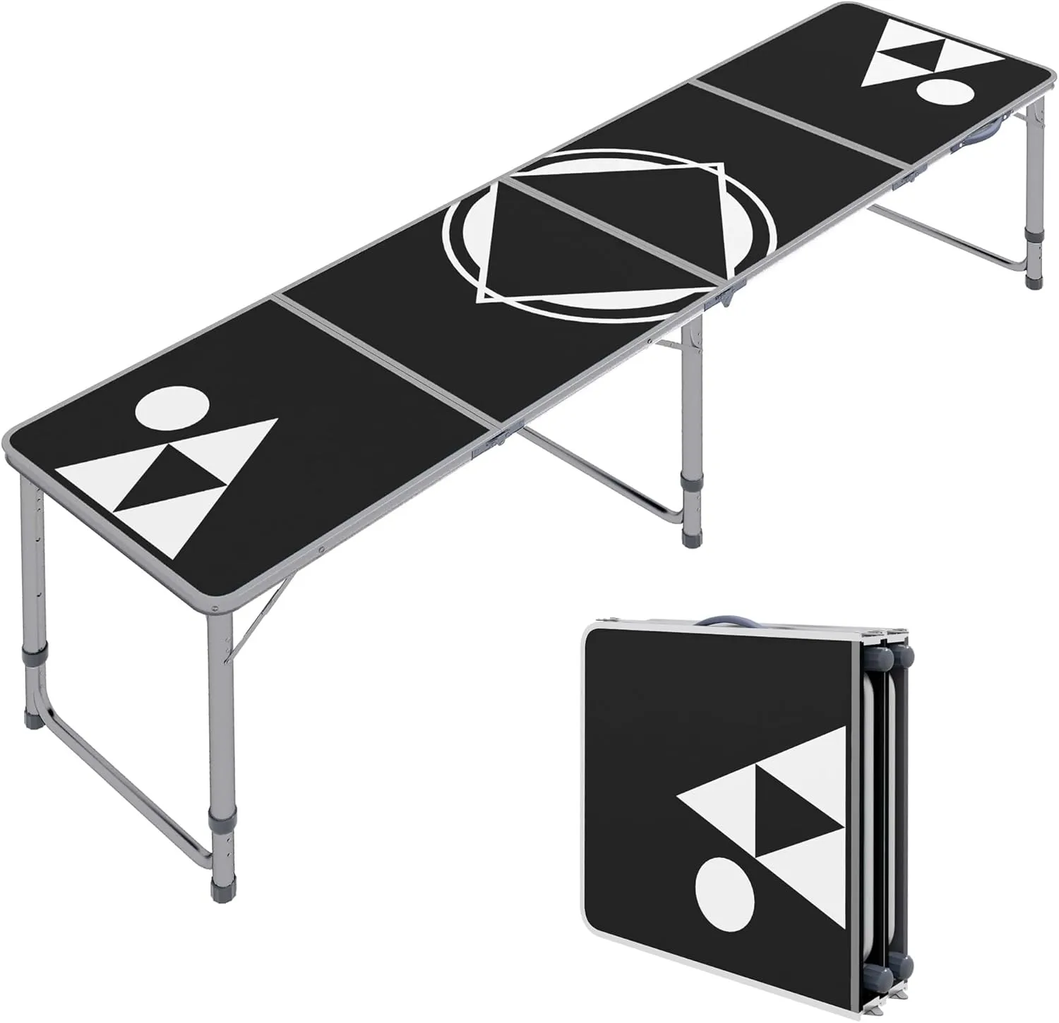 8ft Portable Beer Pong Table with Adjustable Legs, Folding Camping Table, Aluminum Picnic Table, for Party, Travel, BBQ, Beach, Black and White