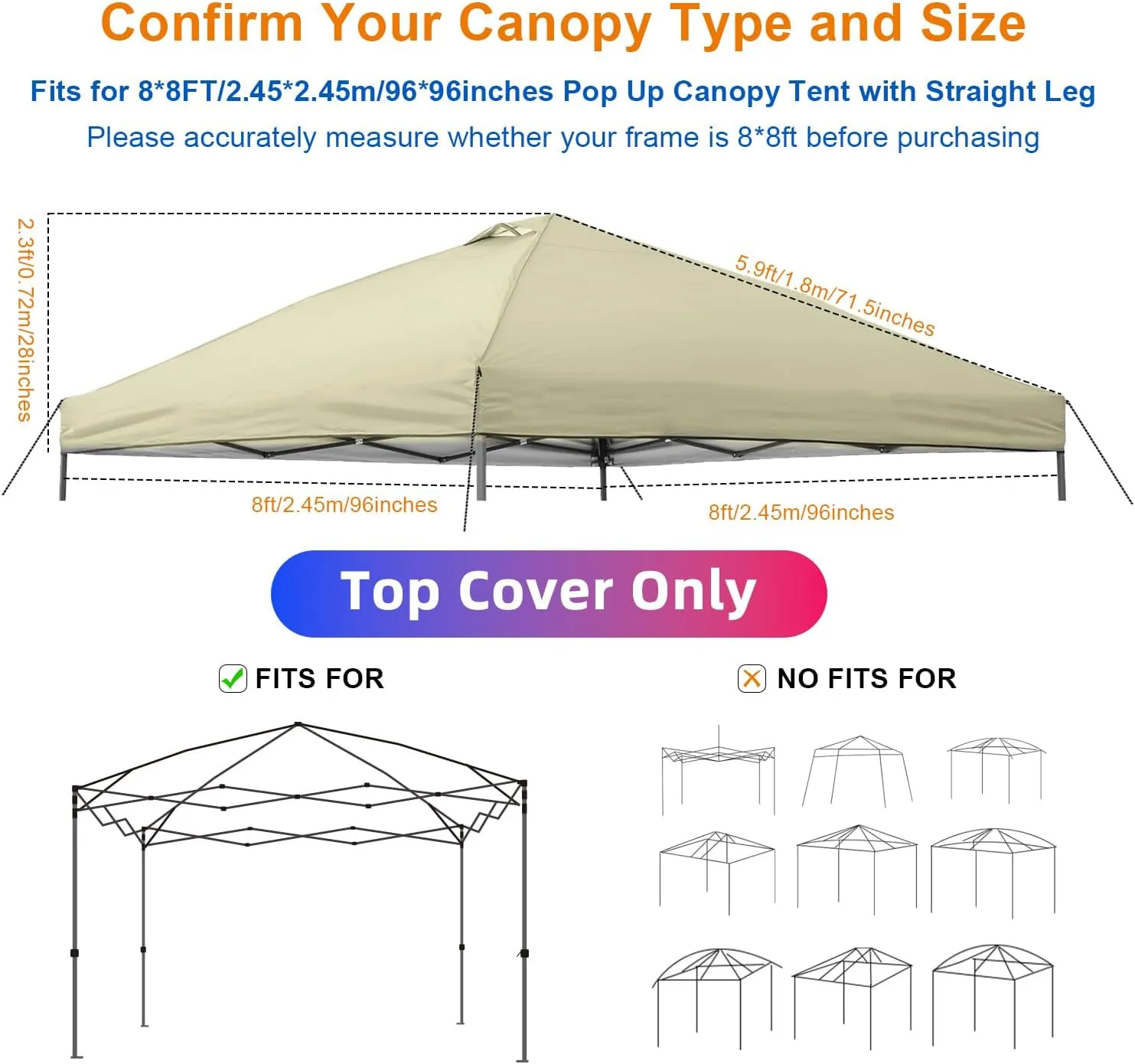 8x8 Canopy Replacement Top Cover,Waterproof Pop Up Canopy Replacement Cover with Air Vent Ropes for Outdoor Garden Patio Picnic Camping,Top Only(Top Only,245 * 245cm