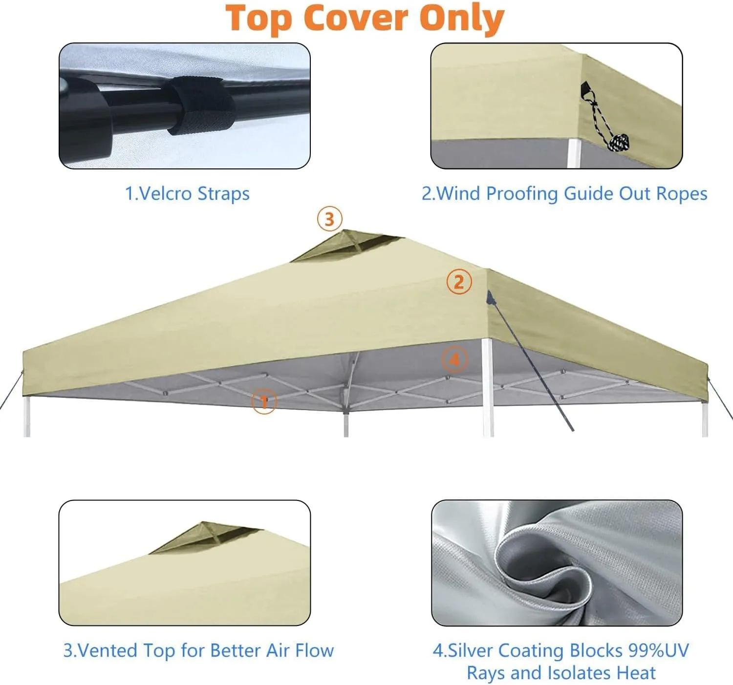 8x8 Canopy Replacement Top Cover,Waterproof Pop Up Canopy Replacement Cover with Air Vent Ropes for Outdoor Garden Patio Picnic Camping,Top Only(Top Only,245 * 245cm