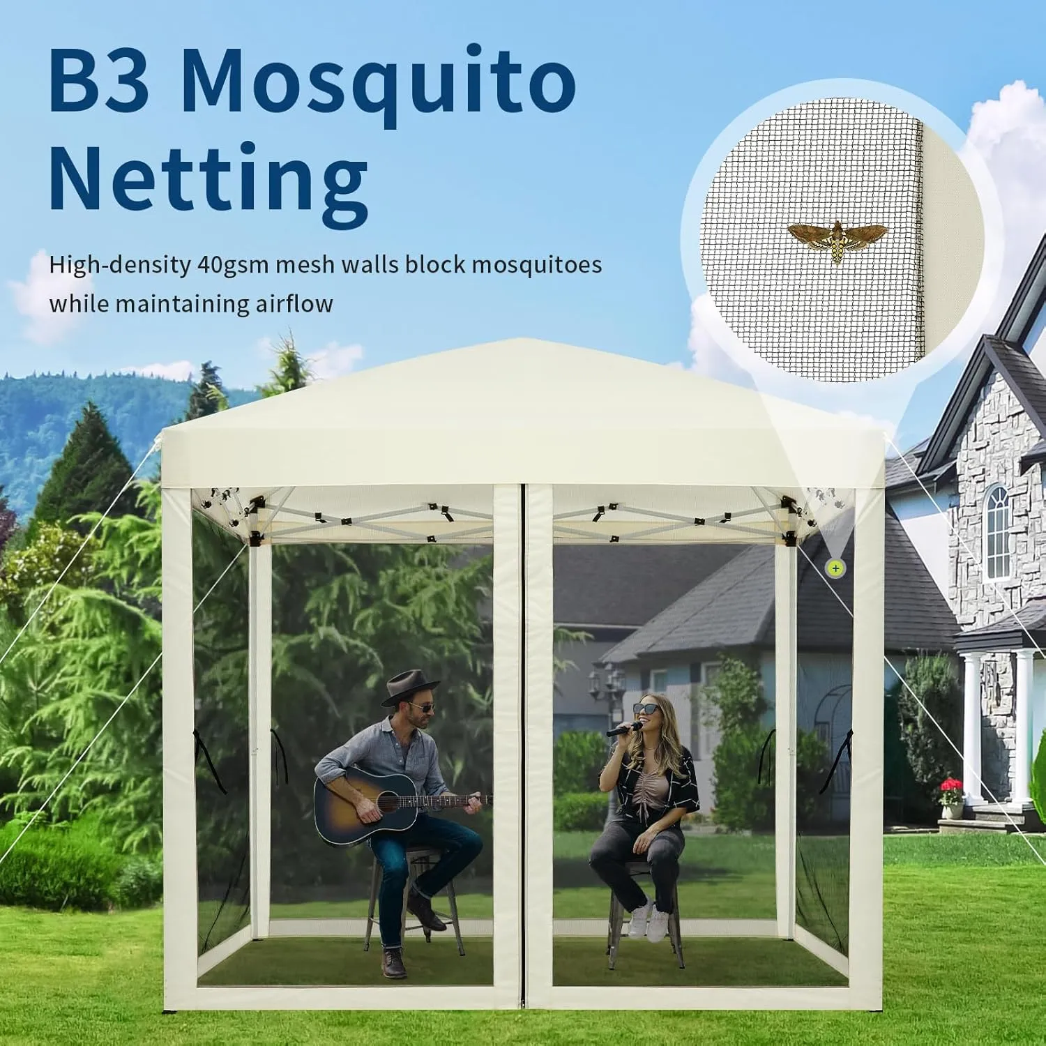 8'x8' Pop-Up Screen Tent with Adjustable Height 8-8.7ft | 4-Sided Removable Mosquito Net | Portable Outdoor Shelter for Camping, Backyard, Beach | Wheeled Carry Bag Included (Beige)