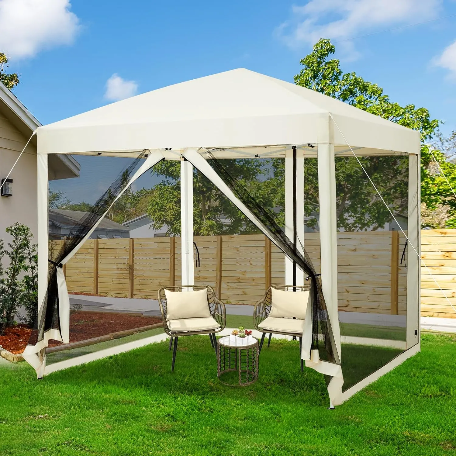 8'x8' Pop-Up Screen Tent with Adjustable Height 8-8.7ft | 4-Sided Removable Mosquito Net | Portable Outdoor Shelter for Camping, Backyard, Beach | Wheeled Carry Bag Included (Beige)