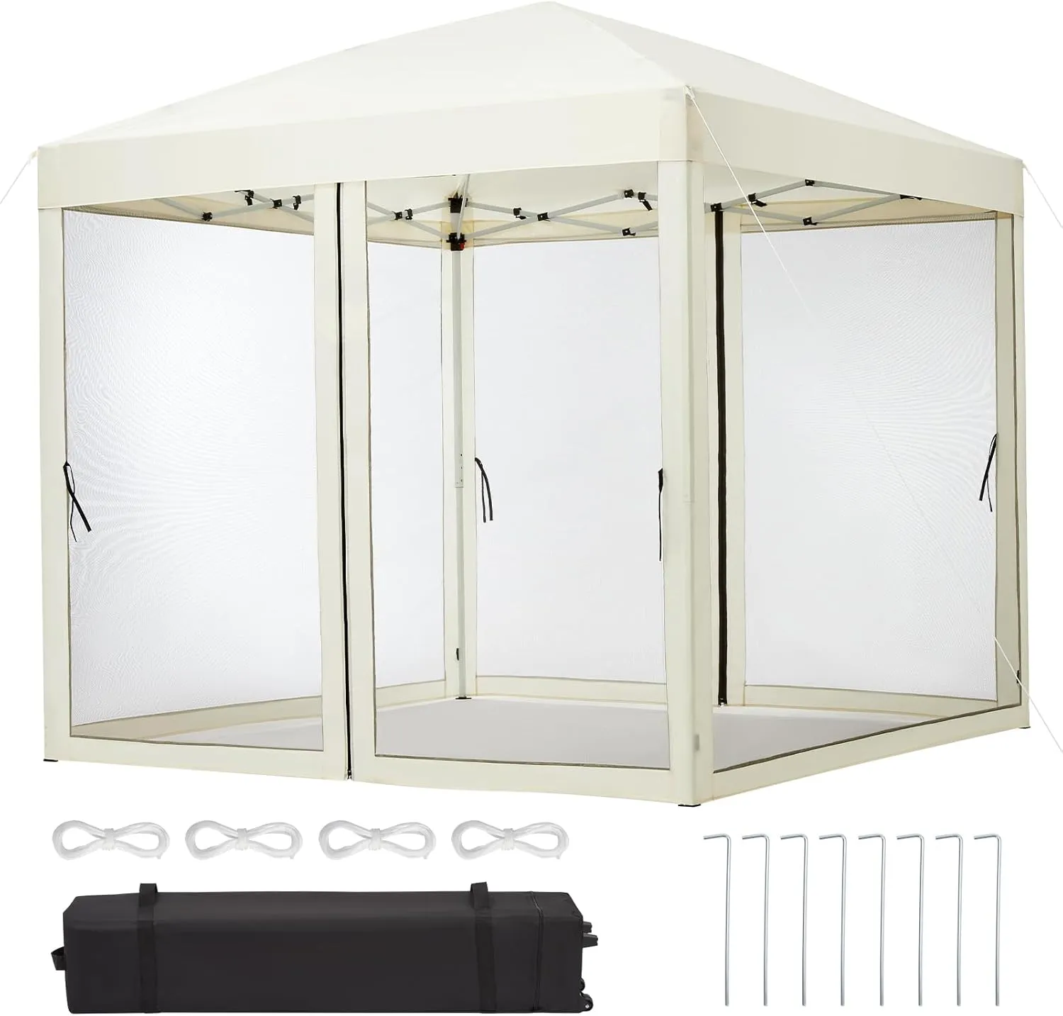 8'x8' Pop-Up Screen Tent with Adjustable Height 8-8.7ft | 4-Sided Removable Mosquito Net | Portable Outdoor Shelter for Camping, Backyard, Beach | Wheeled Carry Bag Included (Beige)