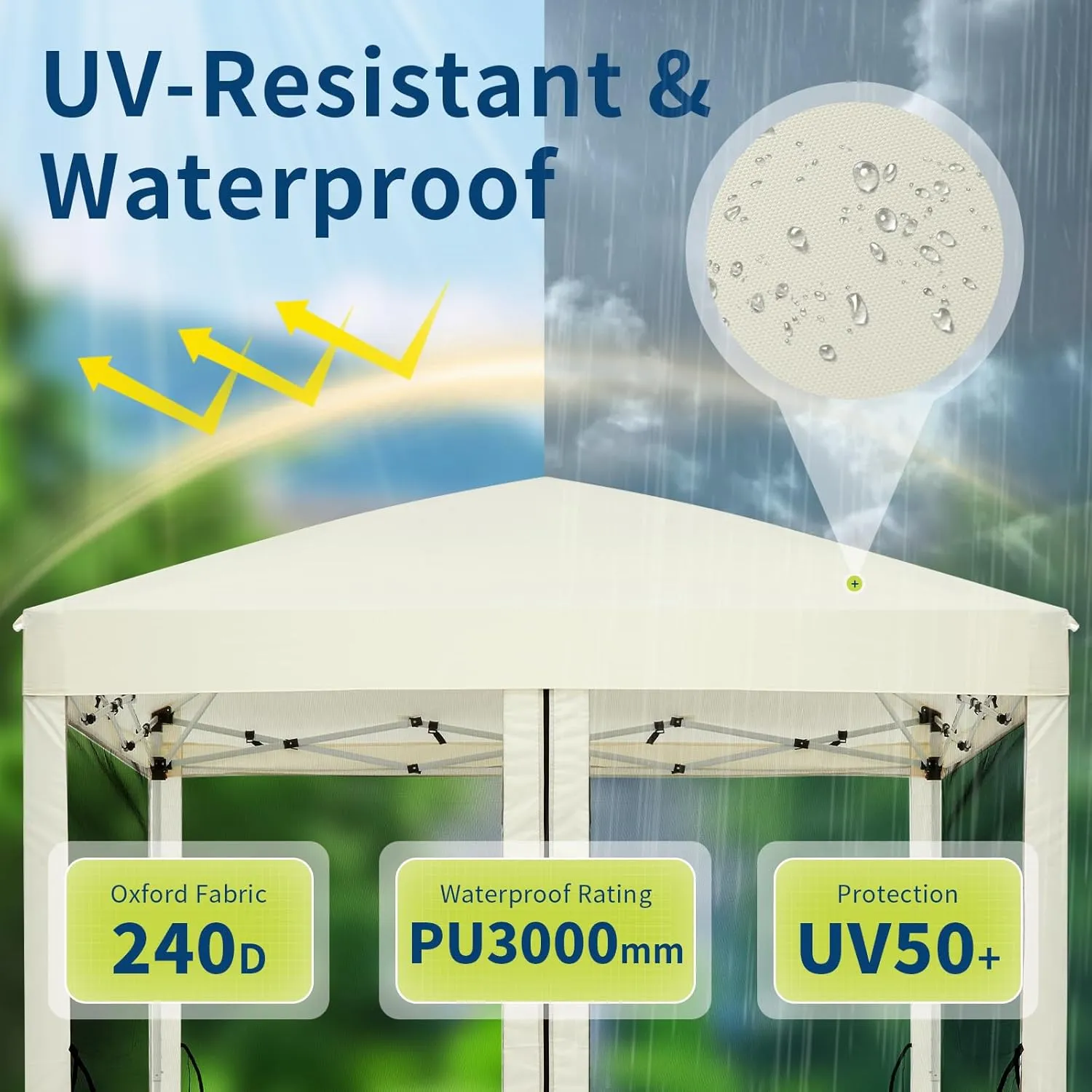 8'x8' Pop-Up Screen Tent with Adjustable Height 8-8.7ft | 4-Sided Removable Mosquito Net | Portable Outdoor Shelter for Camping, Backyard, Beach | Wheeled Carry Bag Included (Beige)