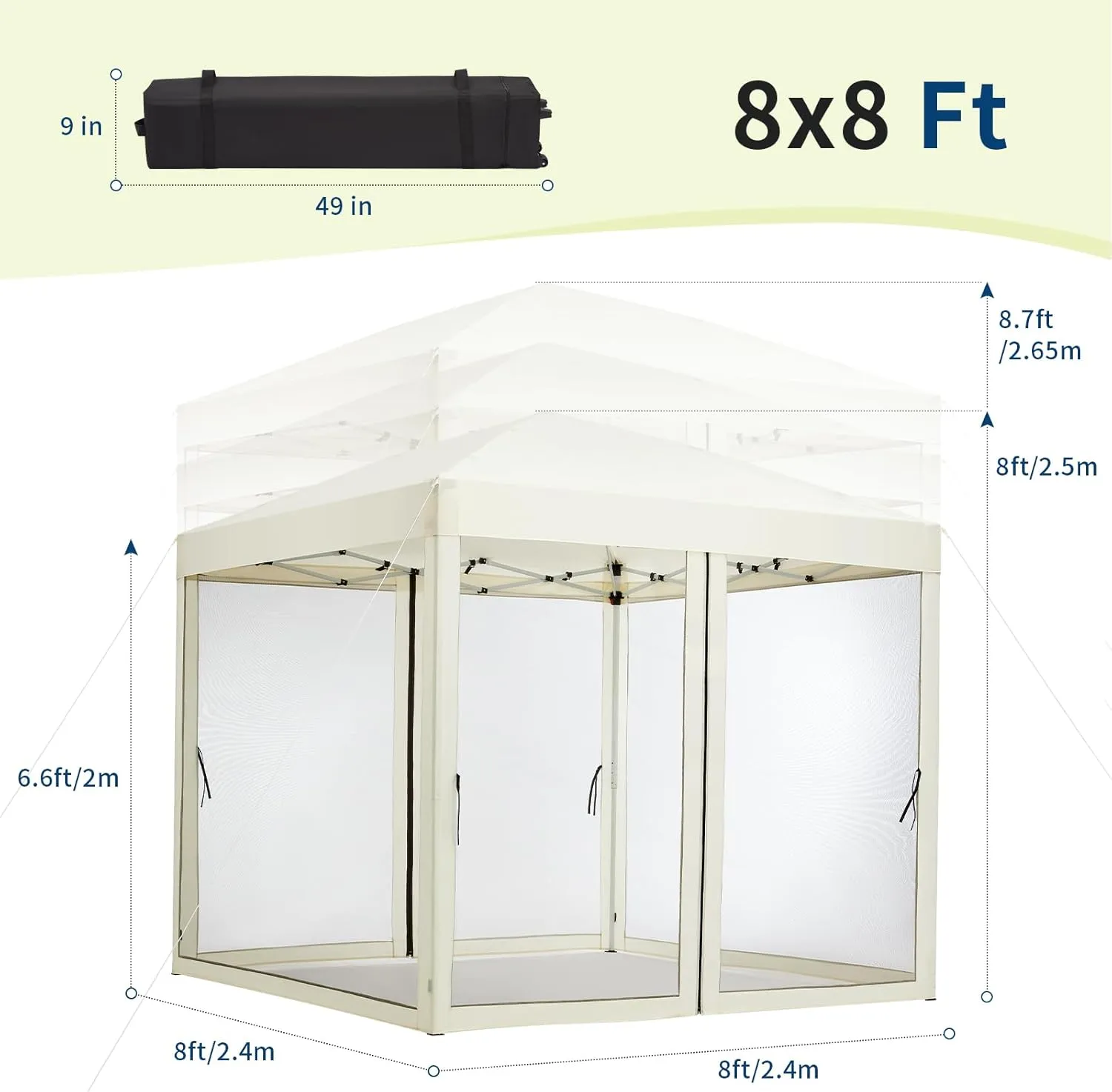 8'x8' Pop-Up Screen Tent with Adjustable Height 8-8.7ft | 4-Sided Removable Mosquito Net | Portable Outdoor Shelter for Camping, Backyard, Beach | Wheeled Carry Bag Included (Beige)