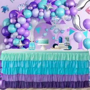 9ft Table Skirt Mermaid Tablecloth Purple Mermaid Table Skirt Rectangle Ruffle Baby Shower Gender Reveal Mermaid Birthday Party Decorations