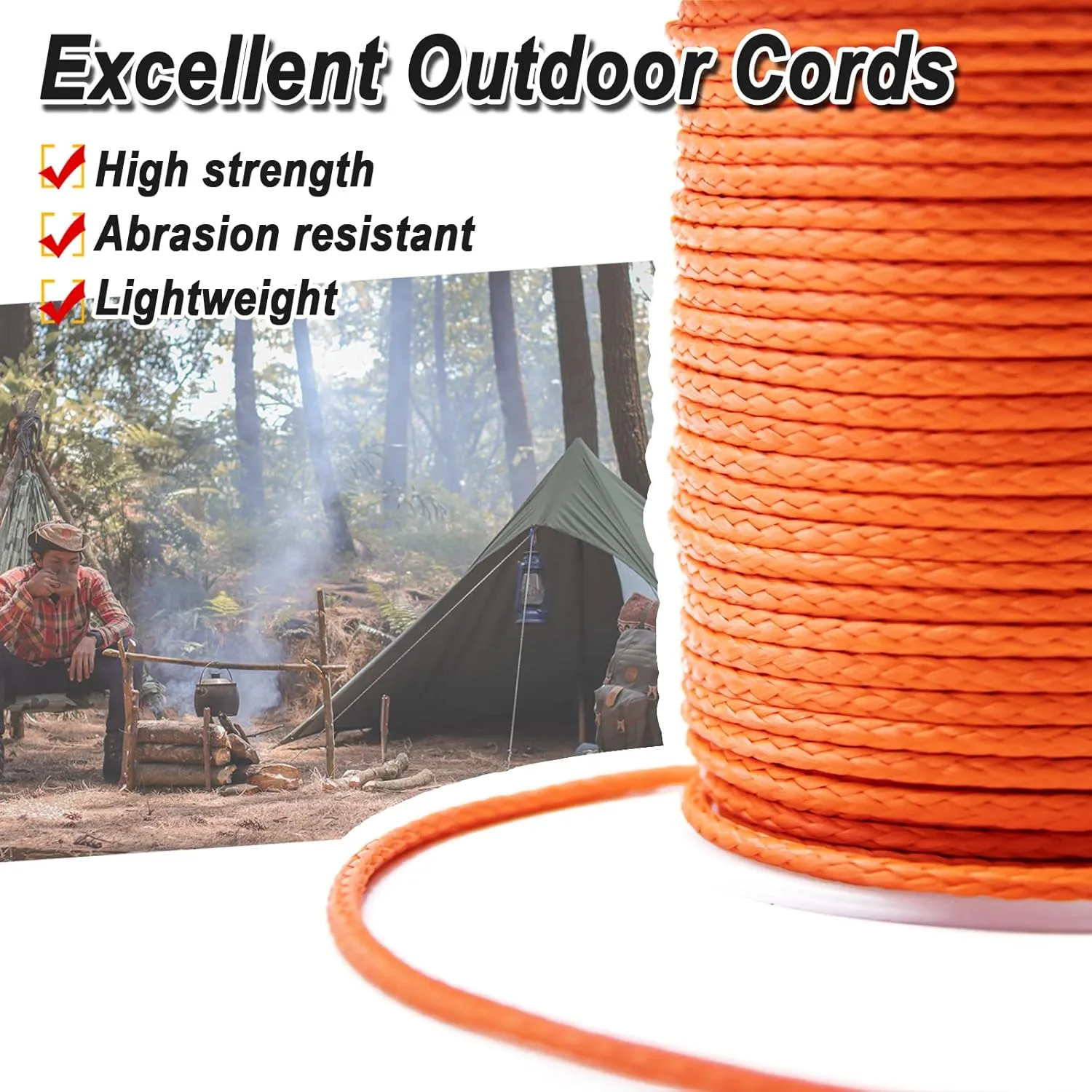 9KM DWLIFE 100% UHMWPE Braided Cord, 1.3mm Black 100ft 580lb Hollow Rope for Hammock, Kite, Fishing, Climbing, Camping