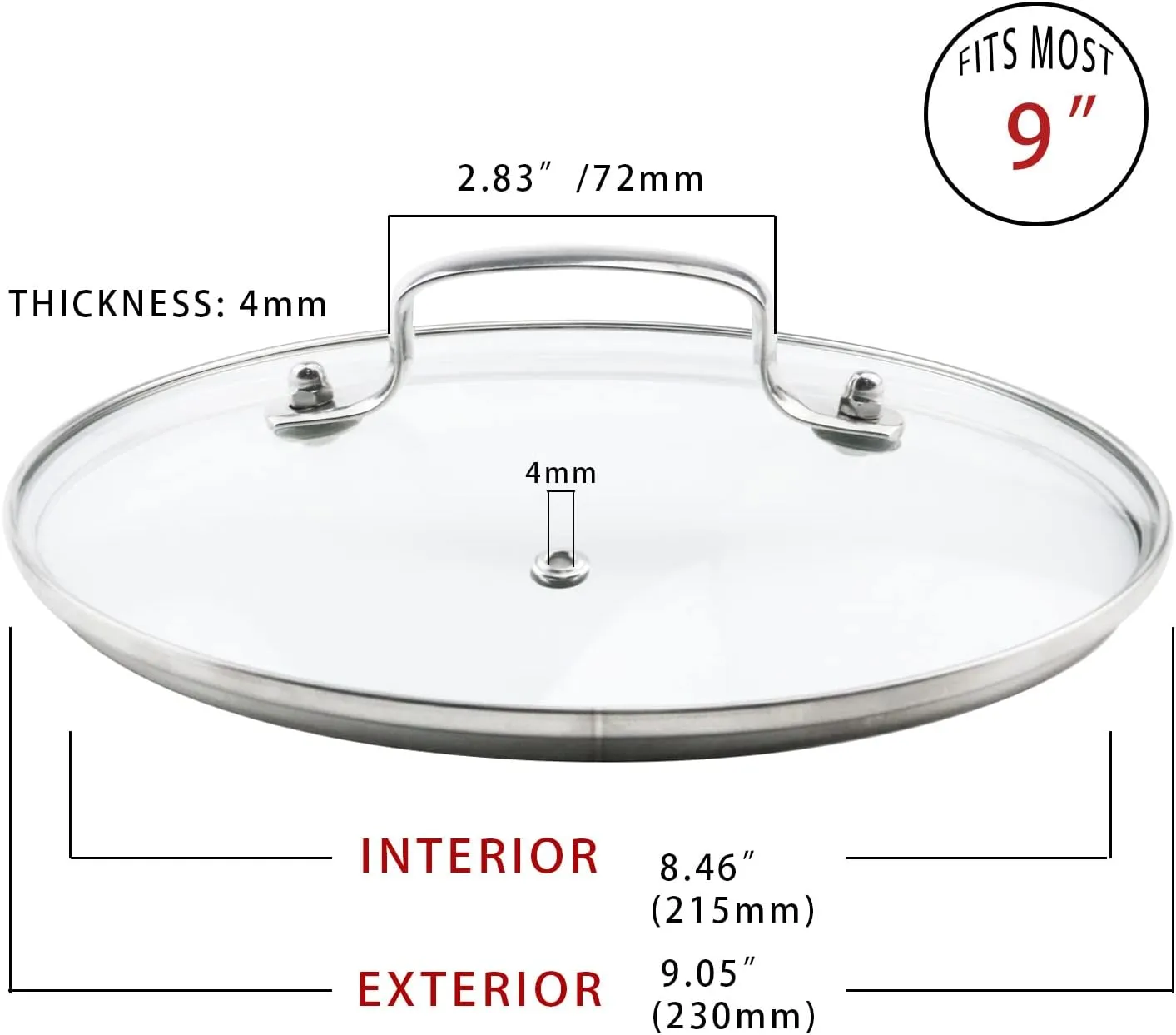 9" Tempered Glass Lid with Steam Vent Hole Universal Pan Pot Clear Cookware Lid Replacement with Holder Handle, Stainless Steel Rim, Fits for Pots/Pan/Electric Pressure Cooker