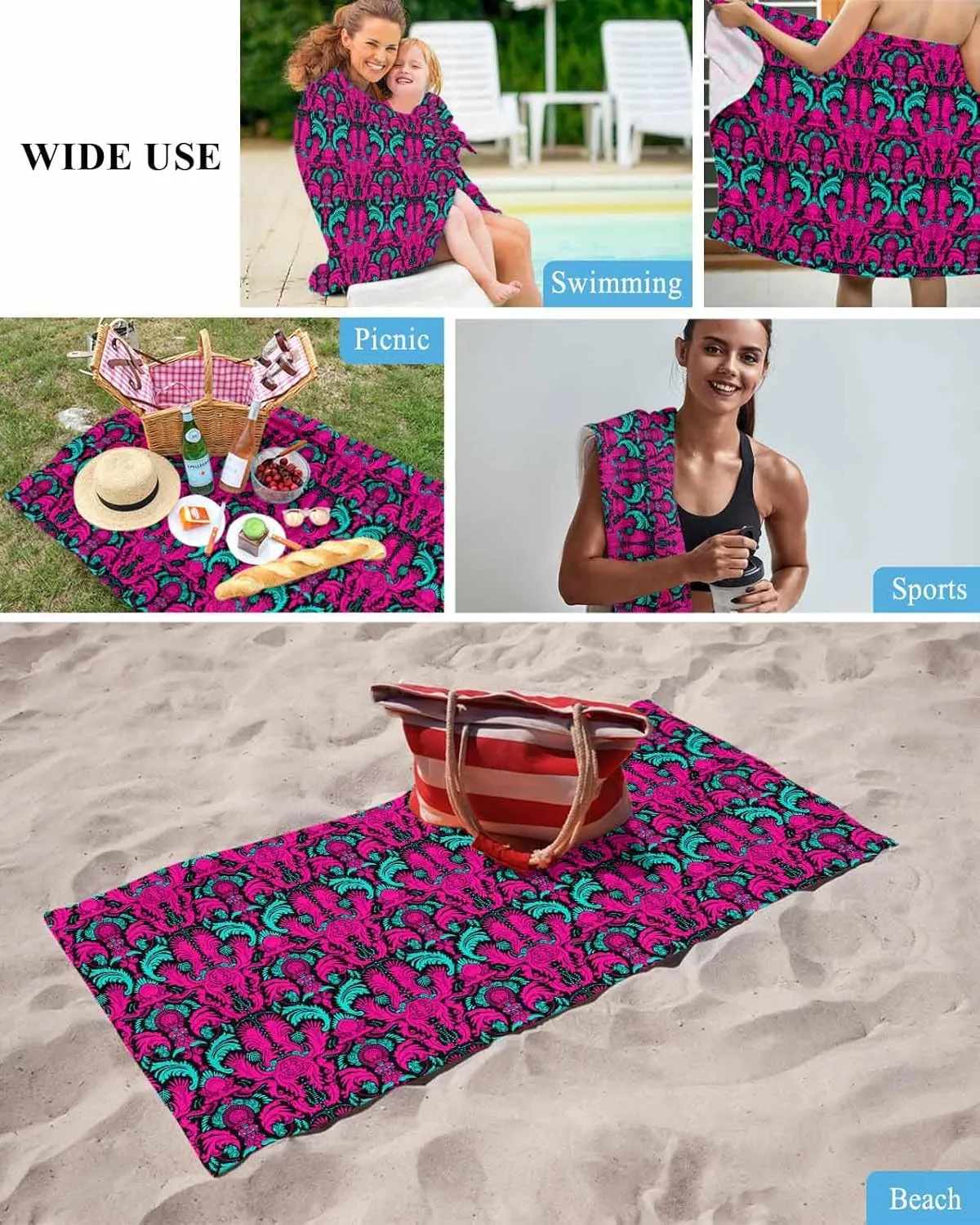 Abstract Beach Towel 31"x61" Microfiber Beach Towels Oversized Sand Free Quick Dry Beach Towel/Bath Towels/Yoga Towel/Pool Towels/Travel Towel for Women Men Girls Kids-Fuchsia Hand-Painted