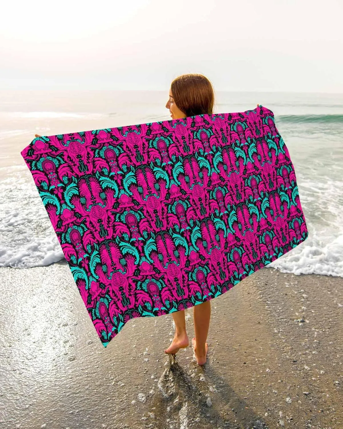 Abstract Beach Towel 31"x61" Microfiber Beach Towels Oversized Sand Free Quick Dry Beach Towel/Bath Towels/Yoga Towel/Pool Towels/Travel Towel for Women Men Girls Kids-Fuchsia Hand-Painted