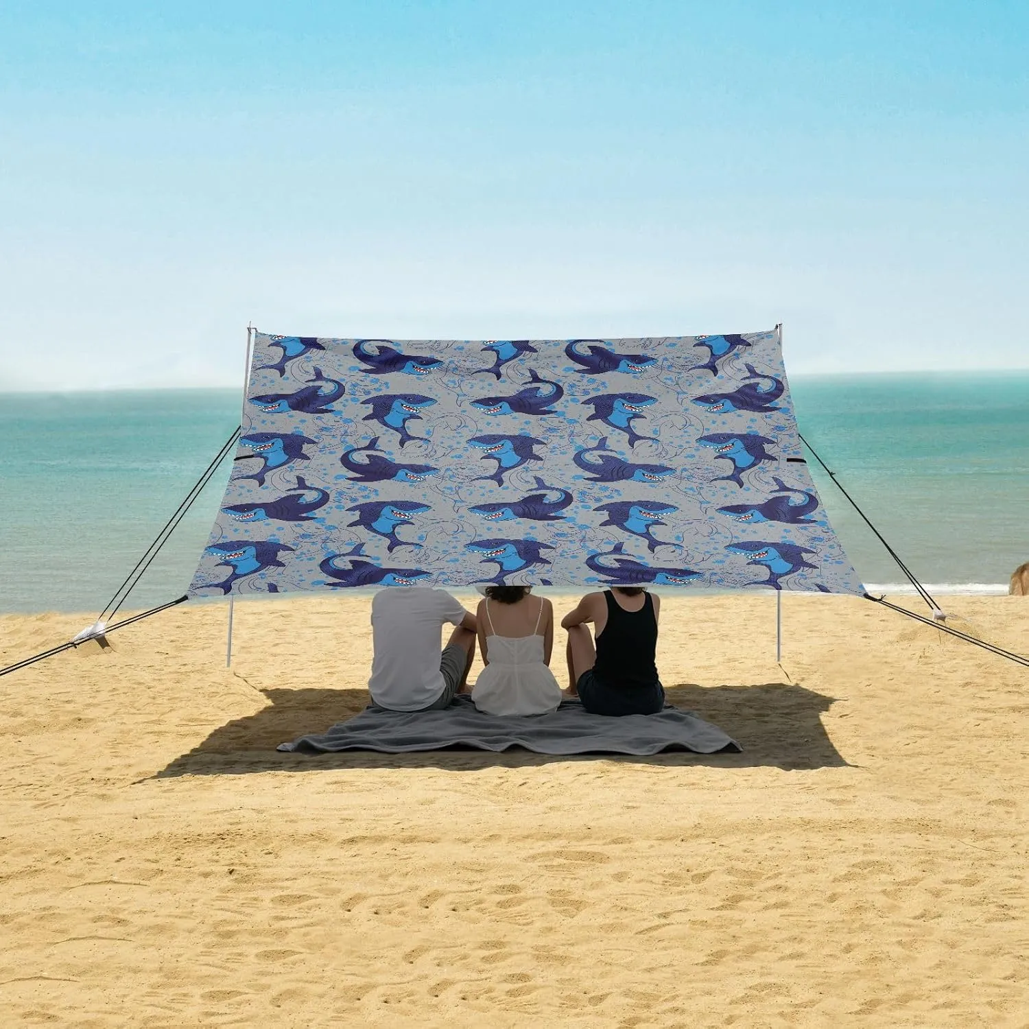 Abstract Happy Sharks Pattern Beach Camping Tent Sun Shelter for Whole Family, Beach Shade Canopy with UPF50  UV Protection,Easy Set Up and Carry,Outdoor Shade for Trips, Fishing, Backyard Fun