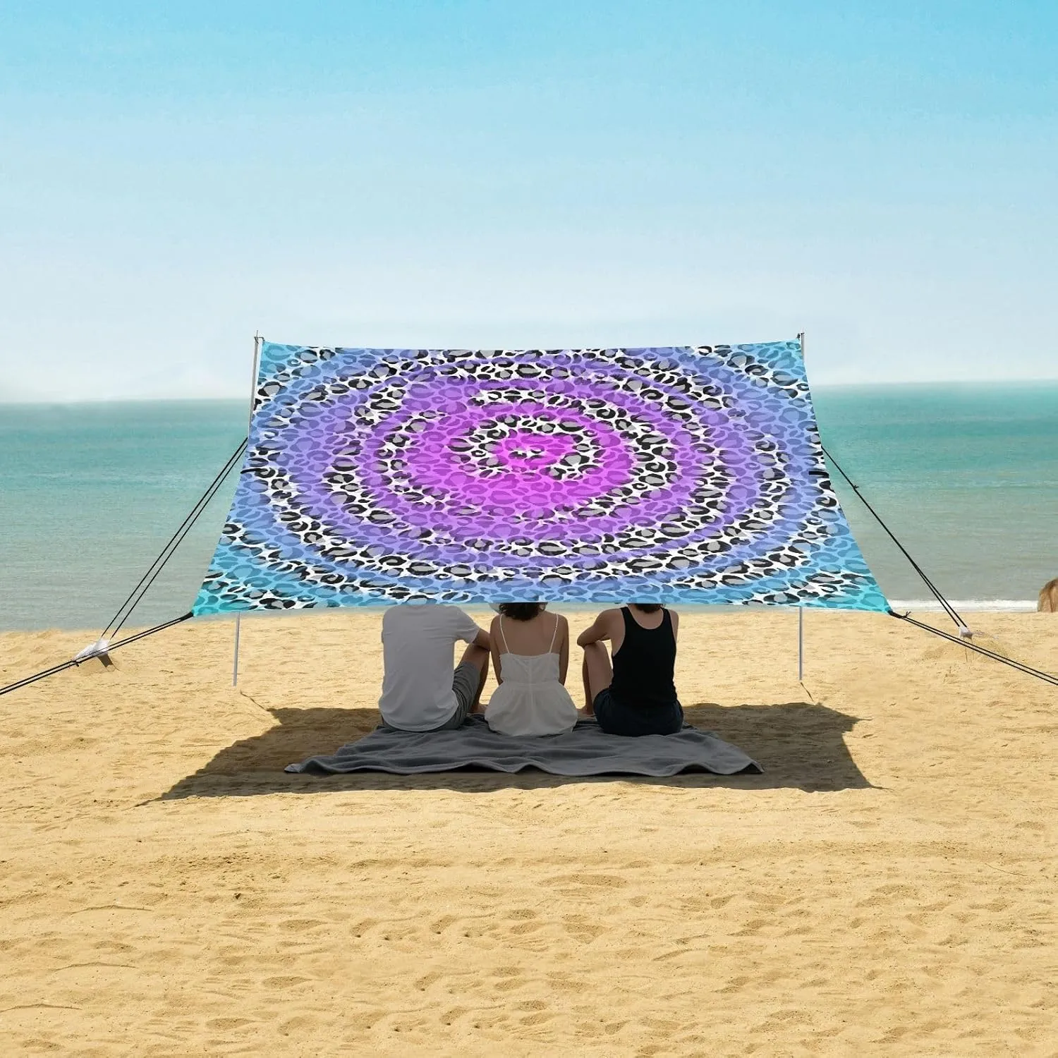 Abstract Tie Dye Leopard Beach Canopy Tent Anti-UV & Wind Resistant, Camping Sun Shelter Easy Setup Portable,Outdoor Shade Tents with Sandbags,Sand Shovels,Ground Pegs & Stability Poles