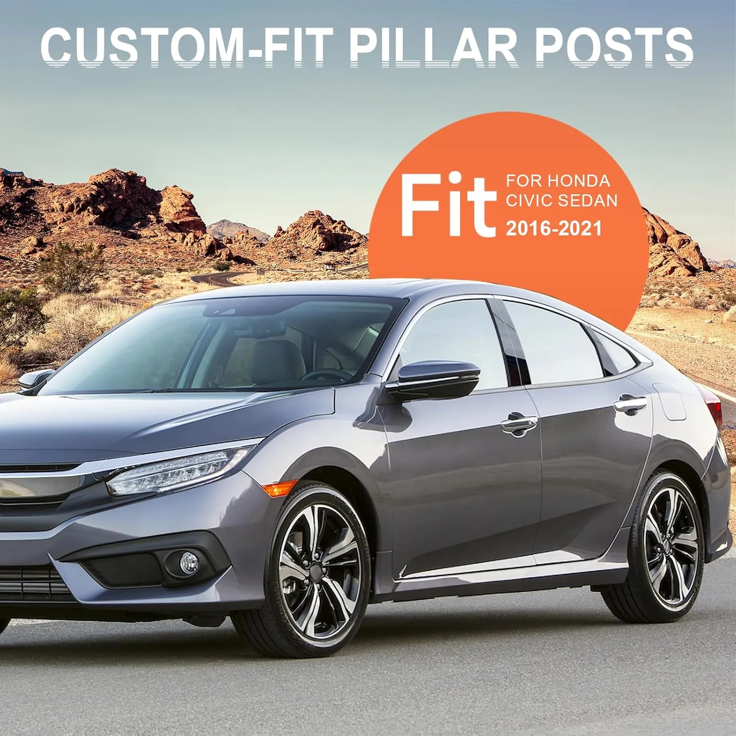 ACLONG Glossy Black Stainless Steel Pillar Posts Door Window Trim Compatible with Honda Civic Sedan 2016-2021, Anti Scratch Stickers Door Pillar Moldings Cover Set -Set of 6