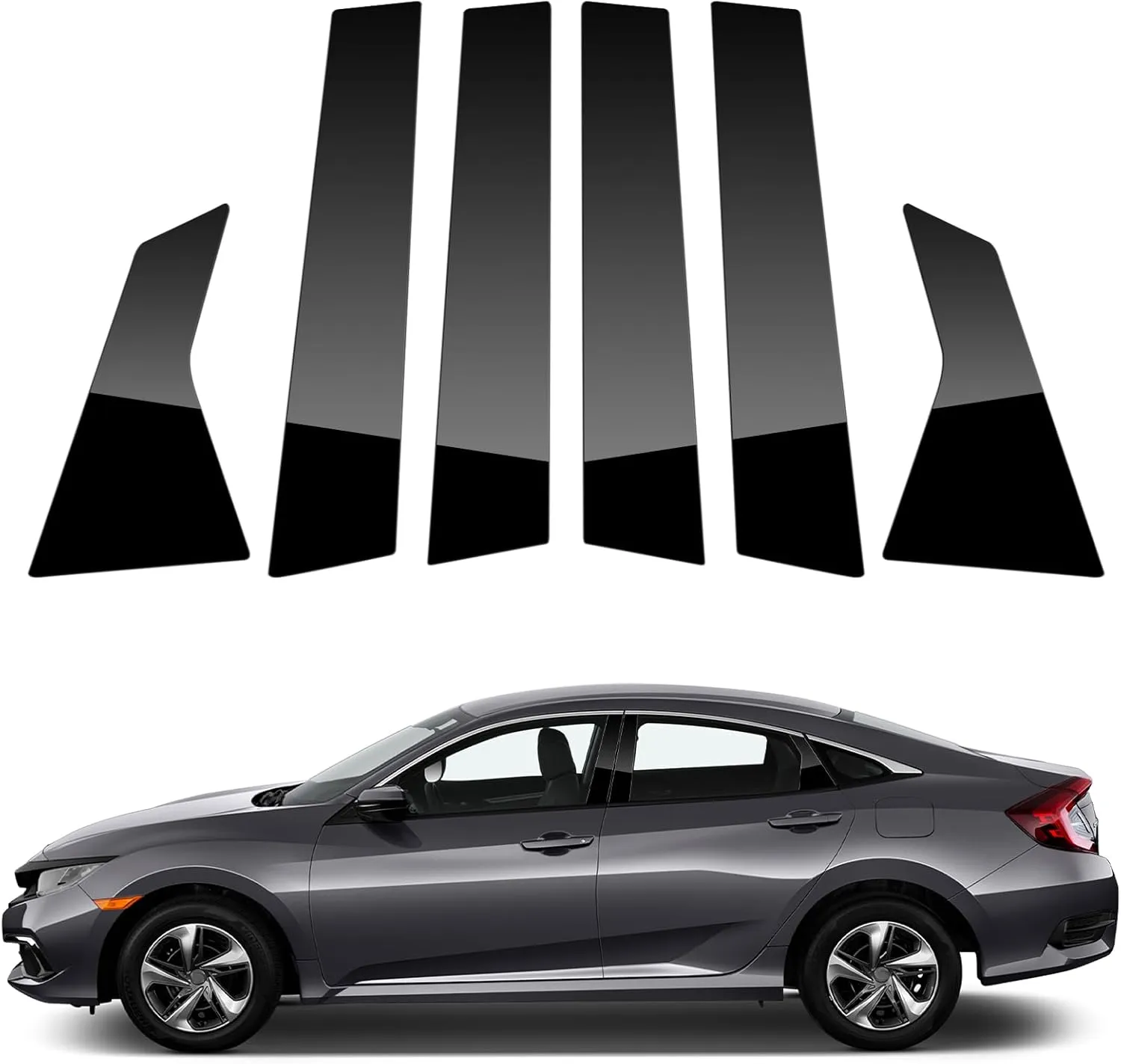 ACLONG Glossy Black Stainless Steel Pillar Posts Door Window Trim Compatible with Honda Civic Sedan 2016-2021, Anti Scratch Stickers Door Pillar Moldings Cover Set -Set of 6
